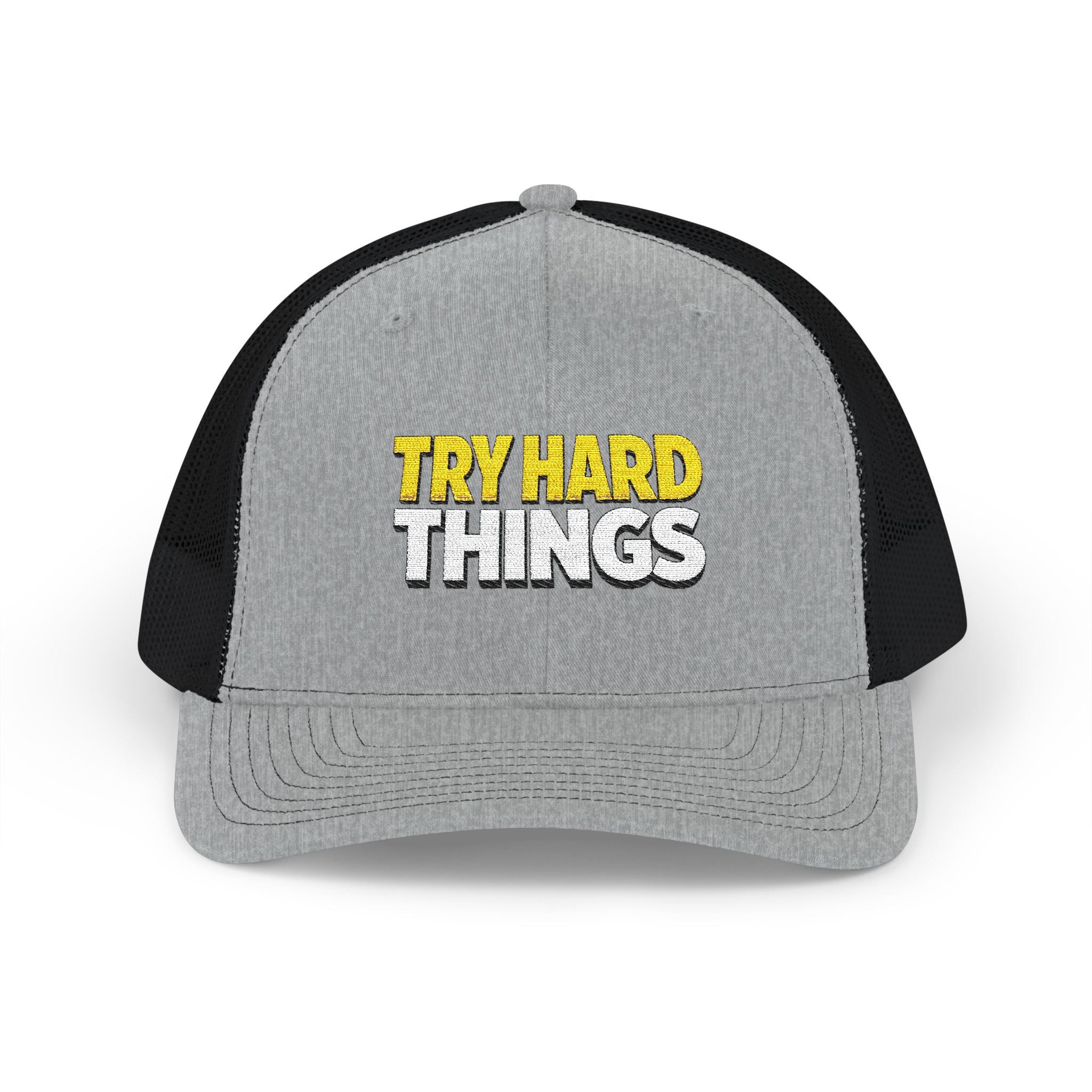 Try Hard Things Embroidered Trucker Hat — Motivational Snapback Cap