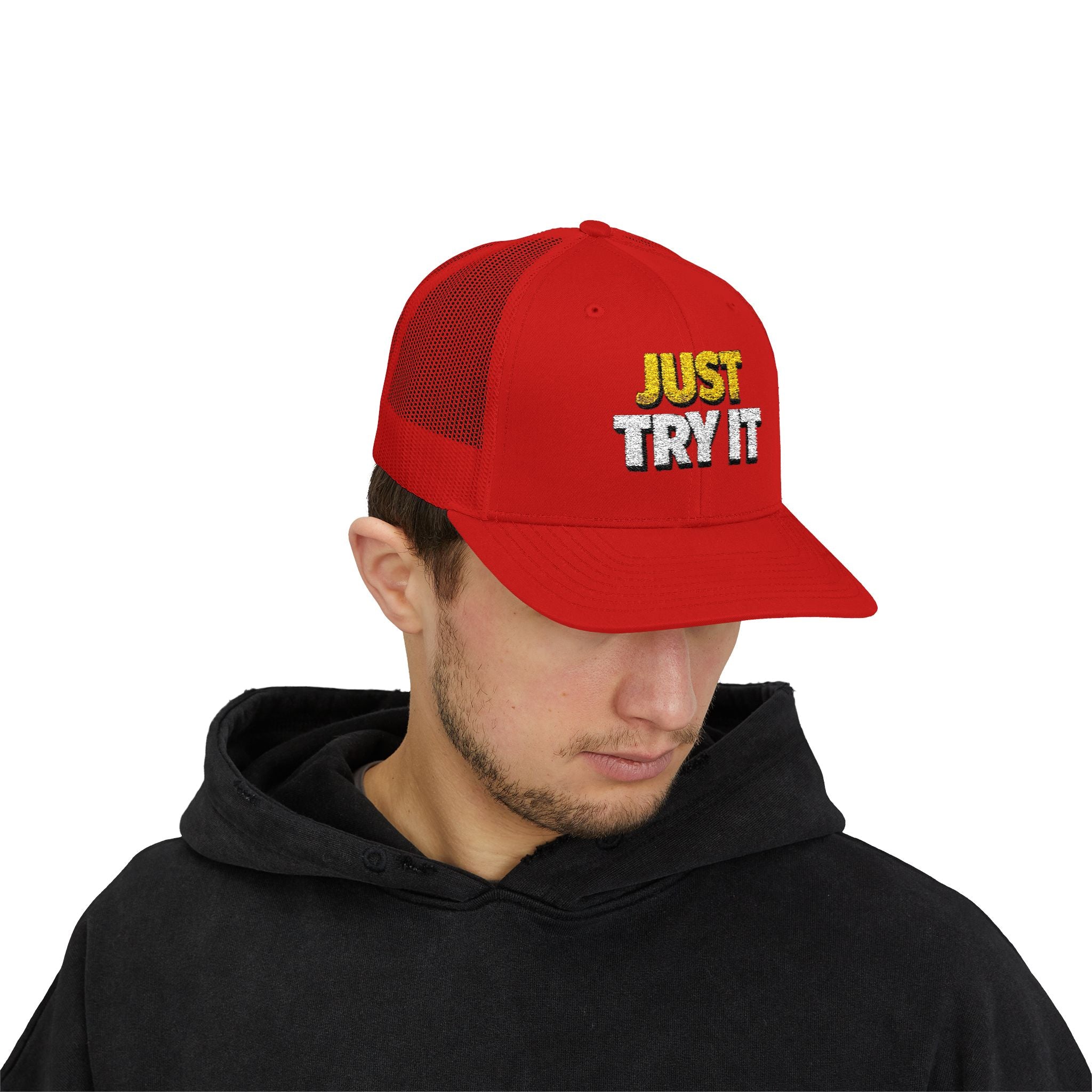 Just Try It Snapback Trucker Hat — Casual Motivational Mesh Cap