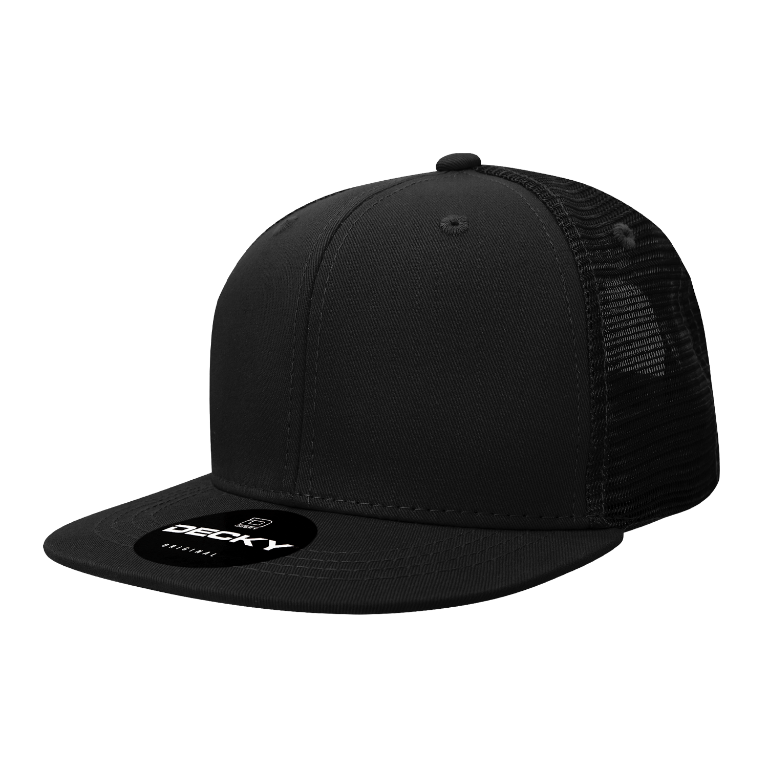 Decky 1052 - 6-Panel Flat Bill Trucker Hat in black with mesh back.