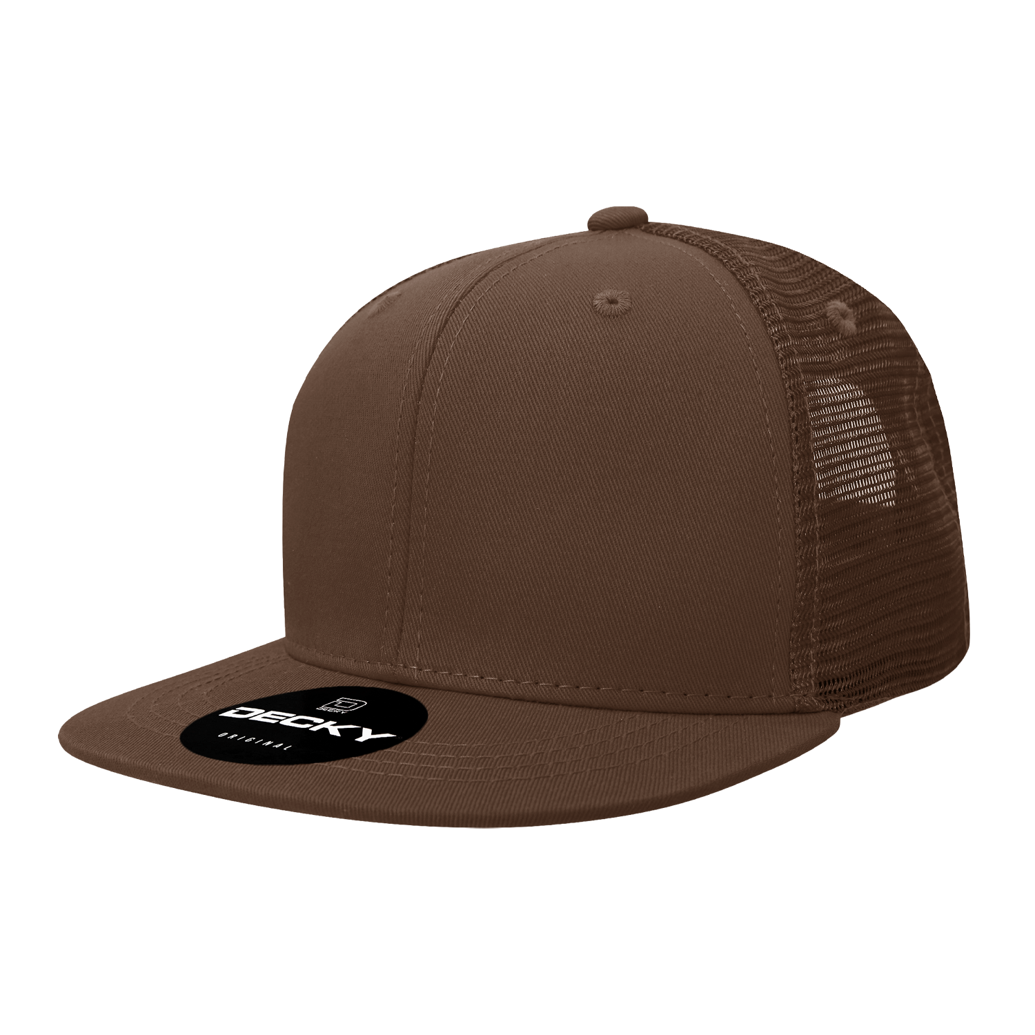 Decky 1052 - 6-Panel Flat Bill Trucker Hat in brown with mesh back.