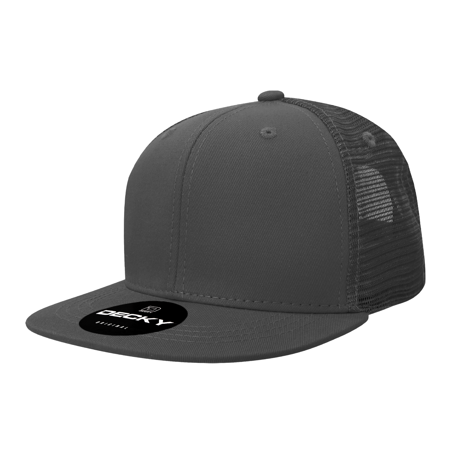 Decky 1052 - 6-Panel Flat Bill Trucker Hat in charcoal gray with mesh back.
