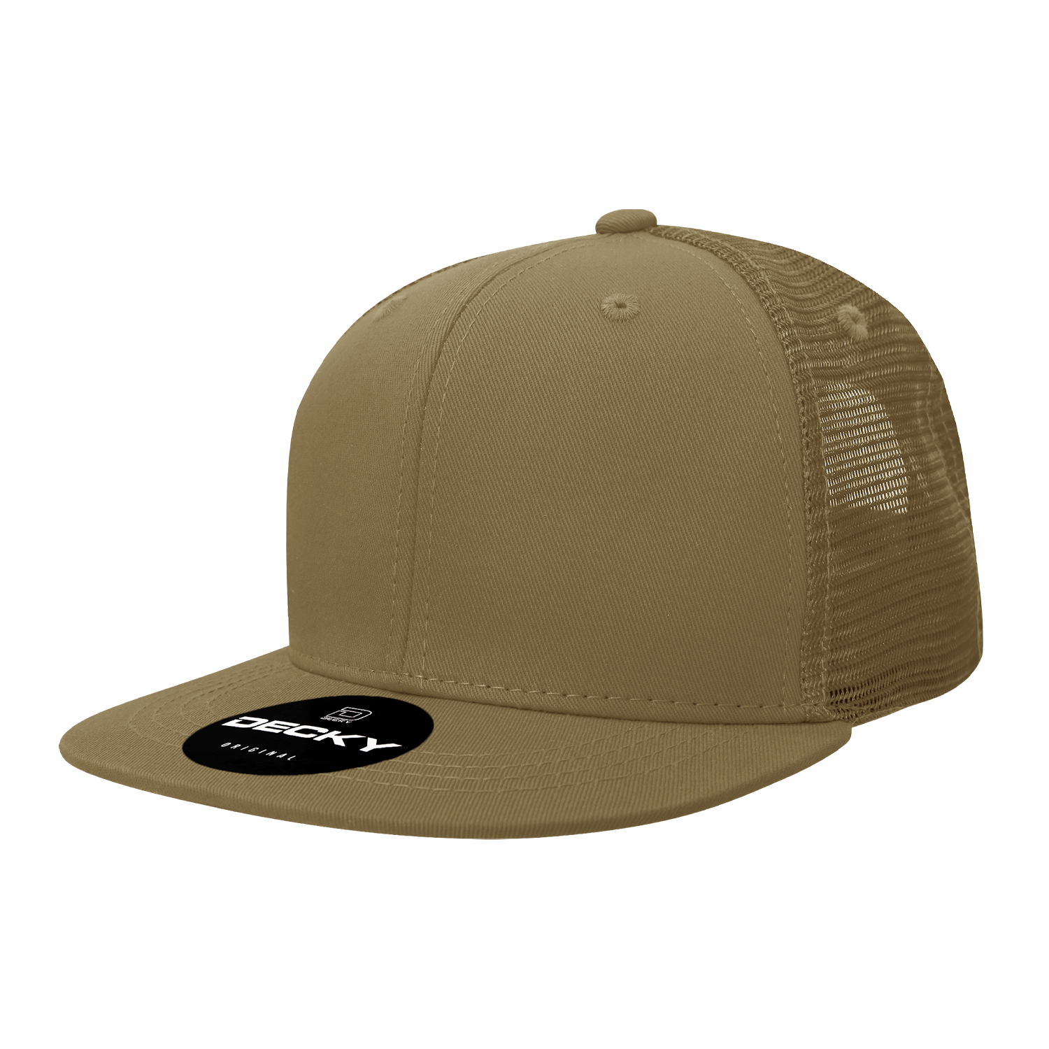 Decky 1052 - 6-Panel Flat Bill Trucker Hat in classic black with mesh back.