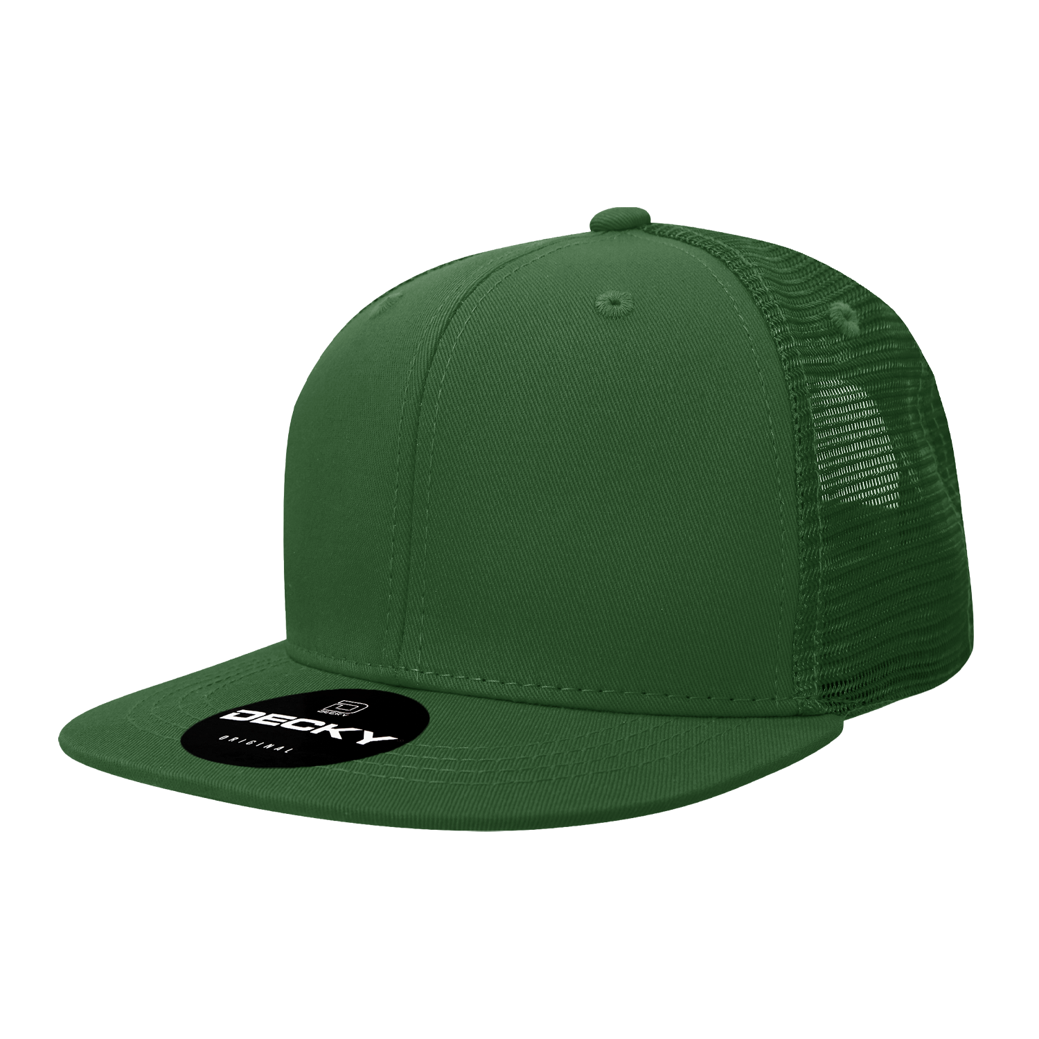 Decky 1052 - 6-Panel Flat Bill Trucker Hat, black with mesh back.