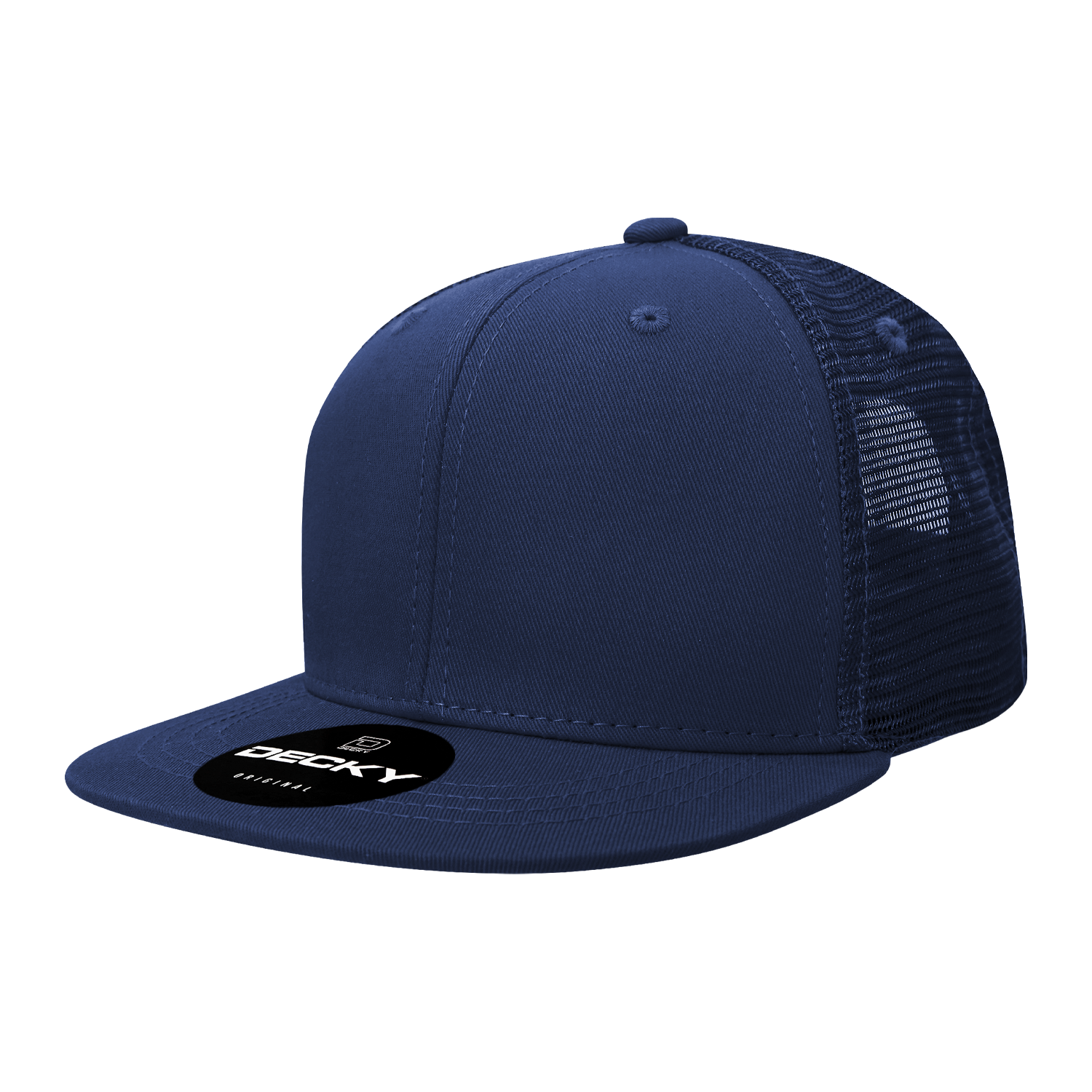 Decky 1052 - 6-Panel Flat Bill Trucker Hat in navy with mesh back.