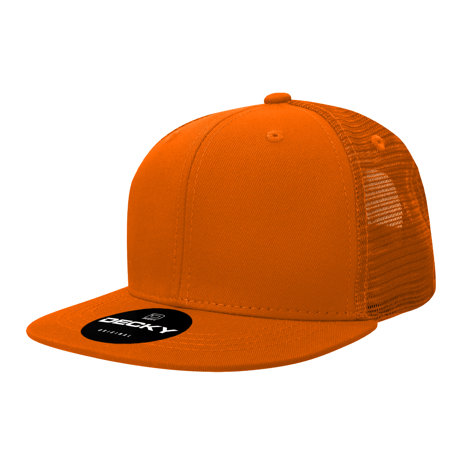 Decky 1052 - 6-Panel Flat Bill Trucker Hat in vibrant orange color.