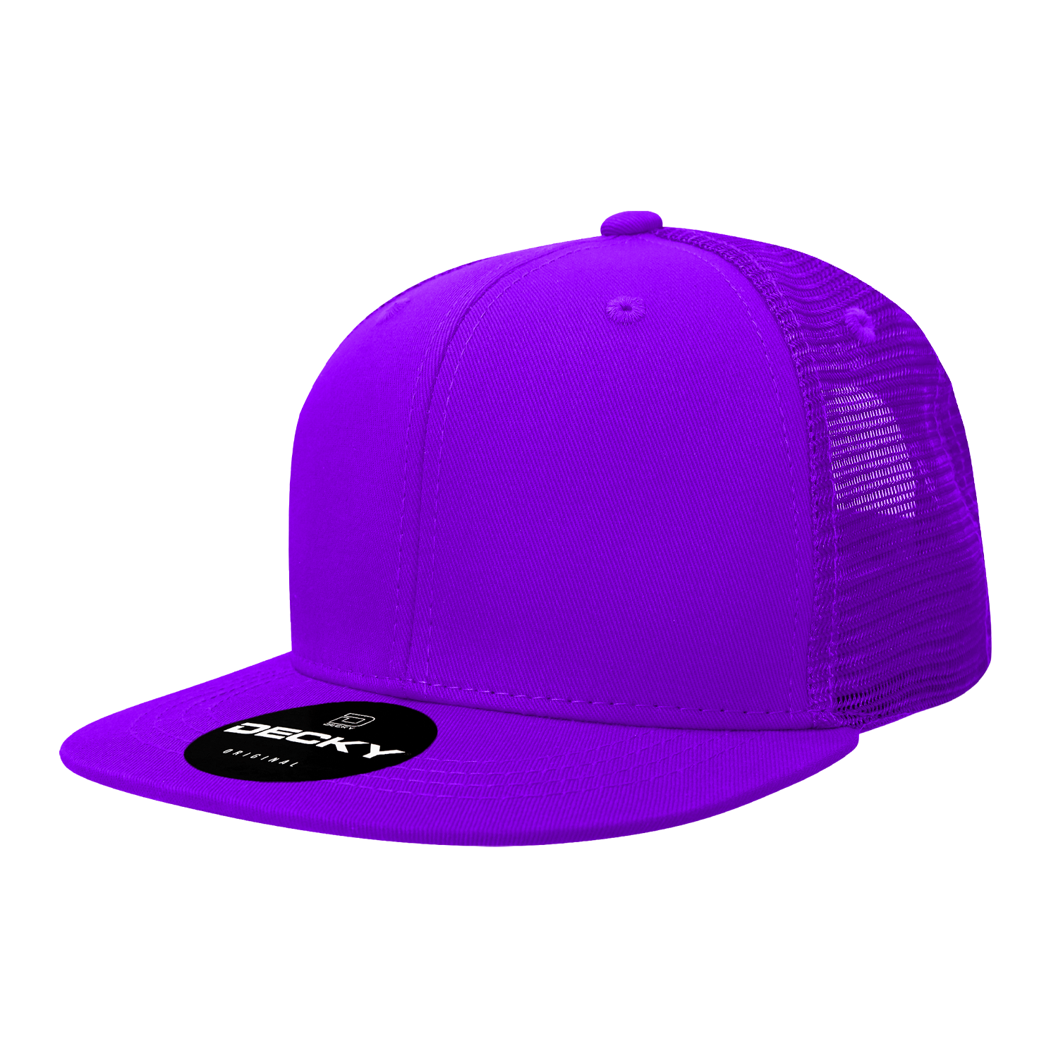 Decky 1052 - 6-Panel Flat Bill Trucker Hat in purple with mesh back.