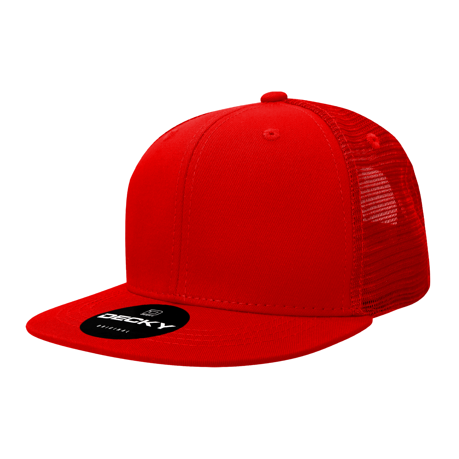 Red Decky 1052 6-Panel Flat Bill Trucker Hat with mesh back and adjustable snap.