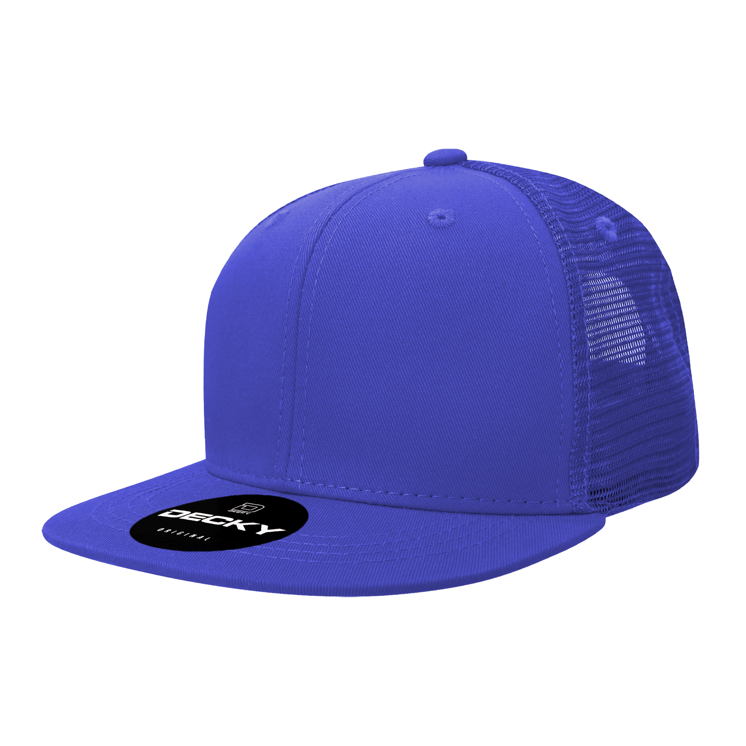 Royal blue Decky 1052 6-Panel Flat Bill Trucker Hat with mesh back.