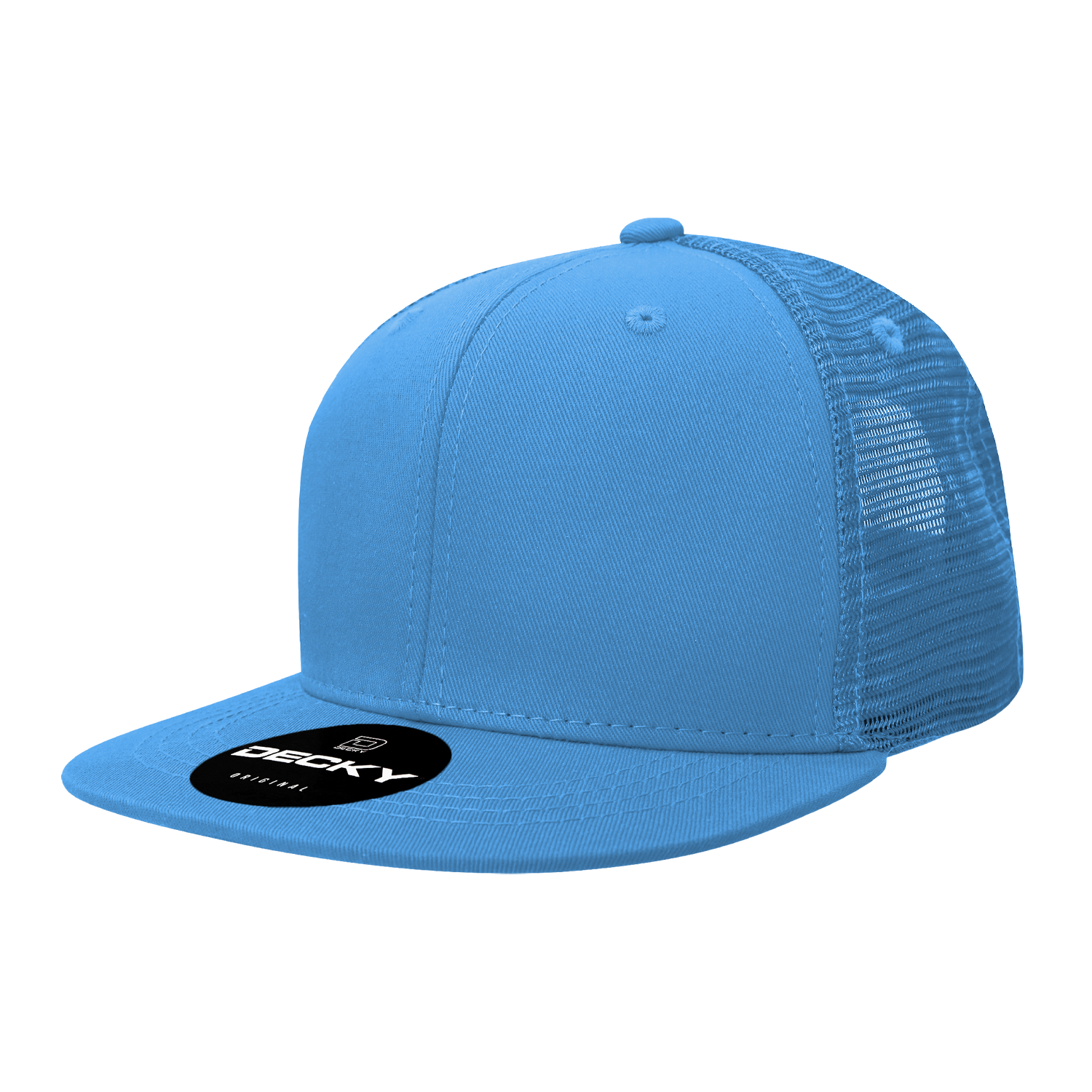 Decky 1052 6-Panel Flat Bill Trucker Hat in sky blue with mesh back.