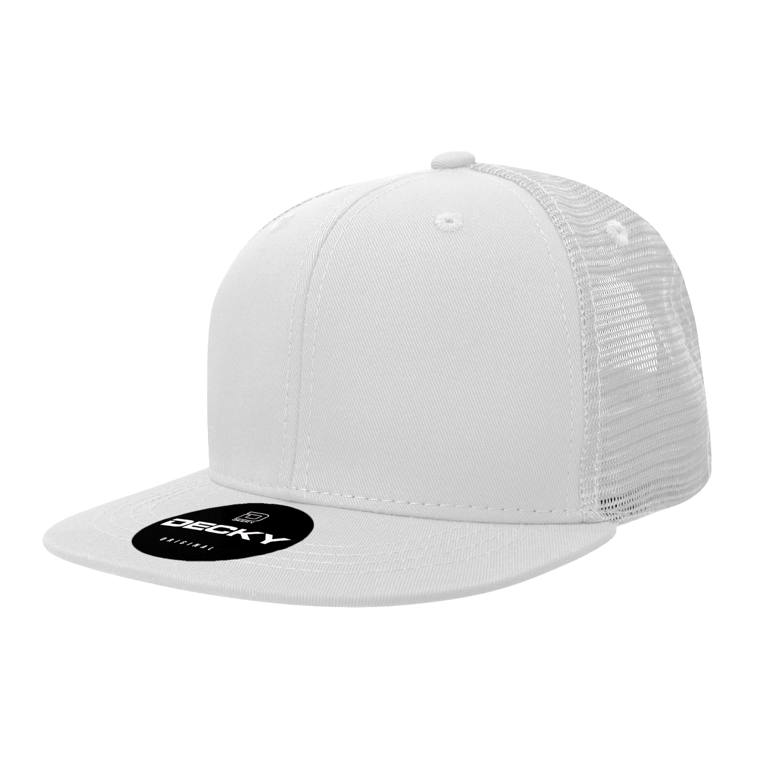 Decky 1052 - 6-Panel Flat Bill Trucker Hat in white with mesh back.