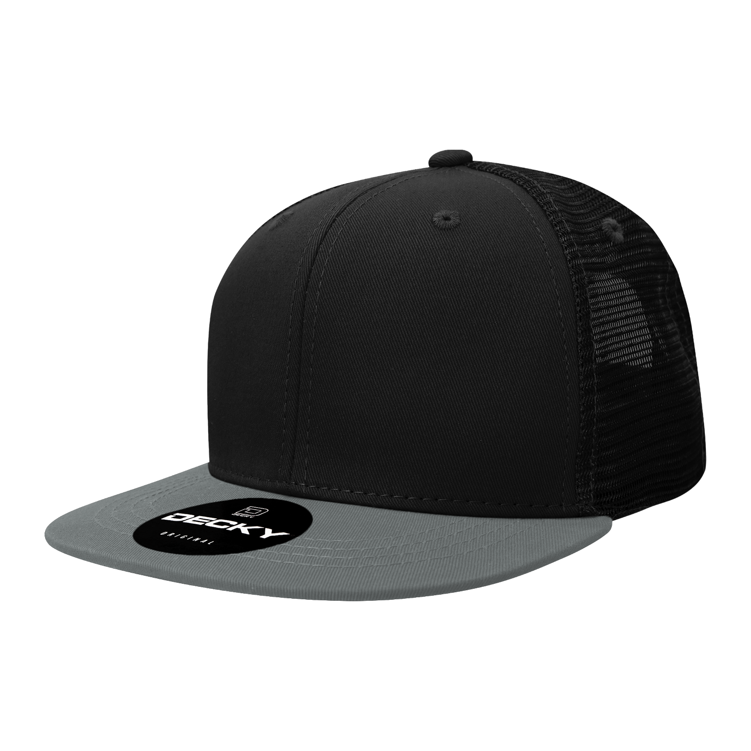 Decky 1052 - 6-Panel Flat Bill Trucker Hat in black and charcoal mesh.