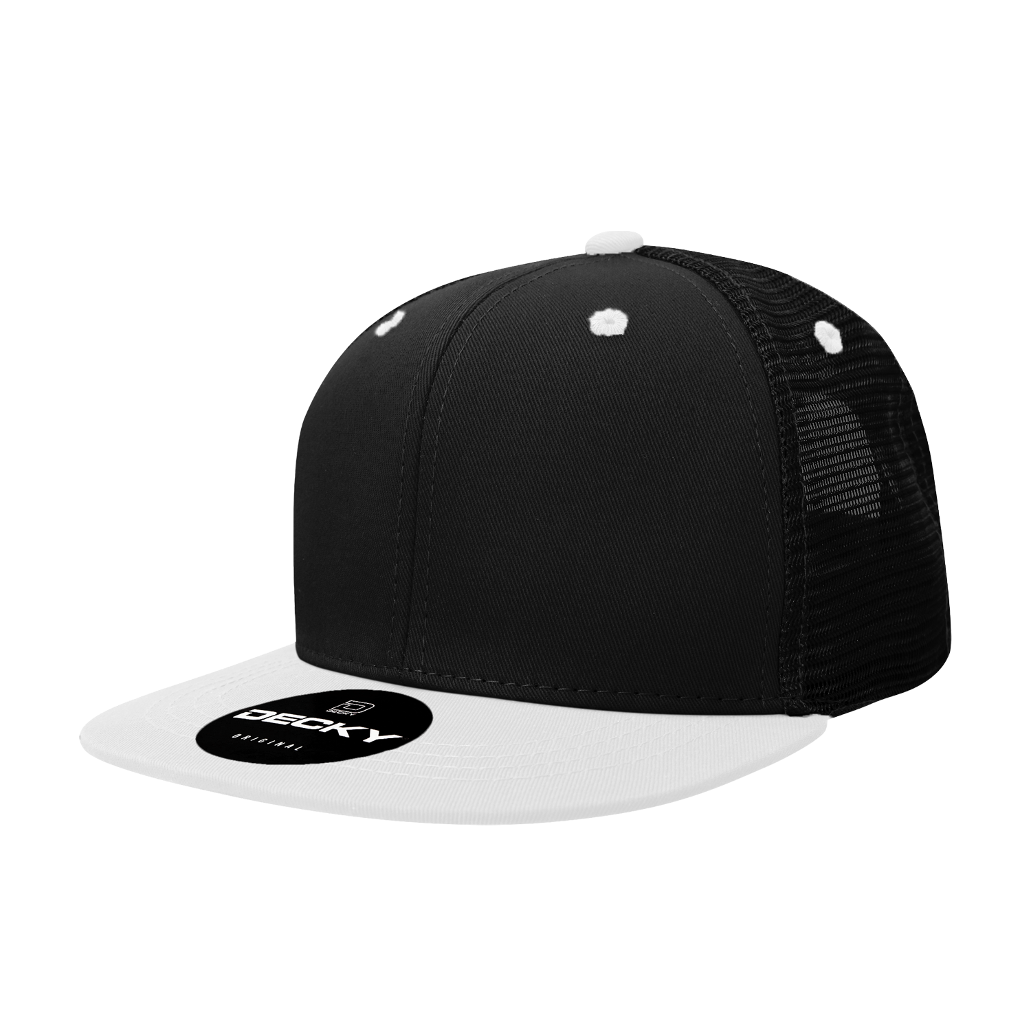 Decky 1052 - 6-Panel Flat Bill Trucker Hat, black front, white mesh back.