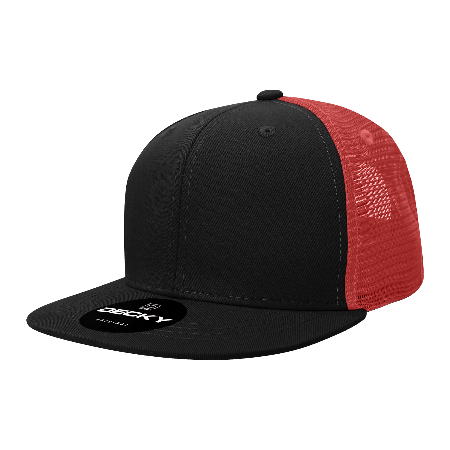 Decky 1052 - 6-Panel Flat Bill Trucker Hat in black with mesh back and flat brim.