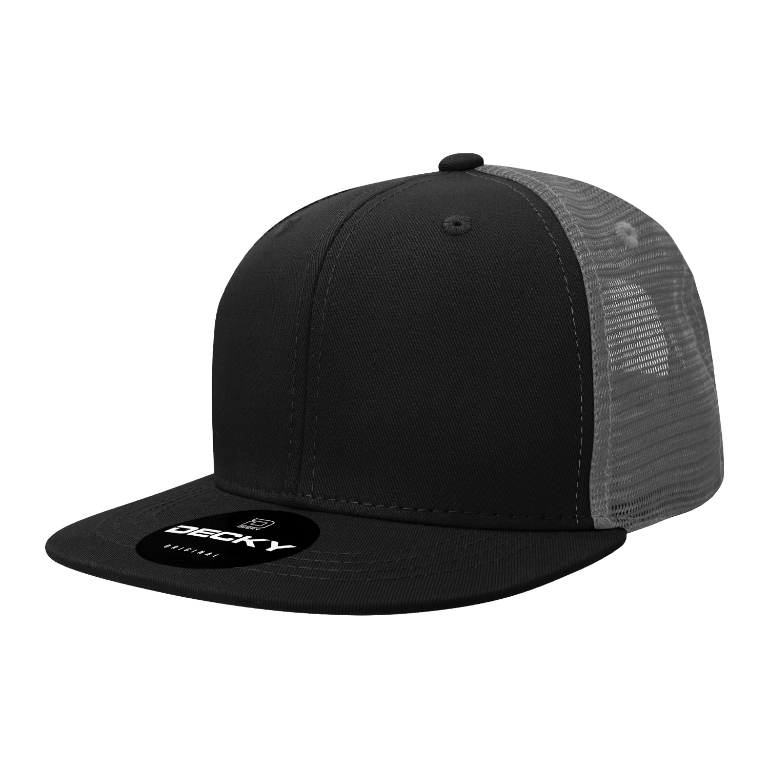 Decky 1052 - 6-Panel Flat Bill Trucker Hat in black with mesh back.