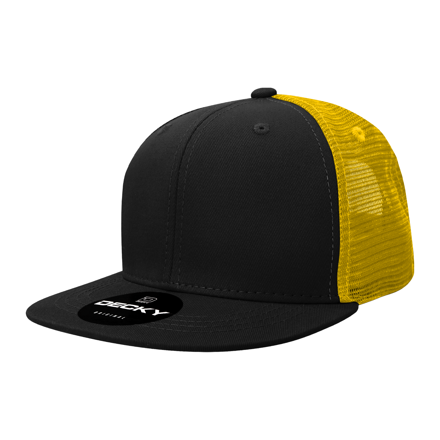 Decky 1052 - 6-Panel Flat Bill Trucker Hat in black with gold mesh back.