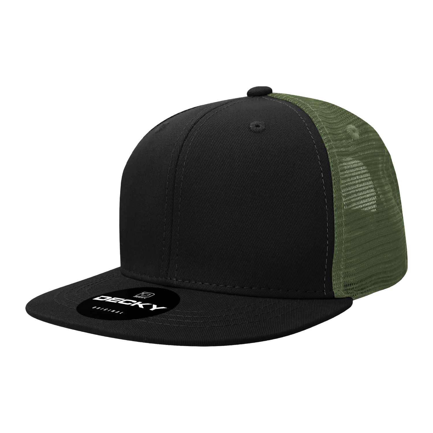 Decky 1052 - 6-Panel Flat Bill Trucker Hat in black and olive green.