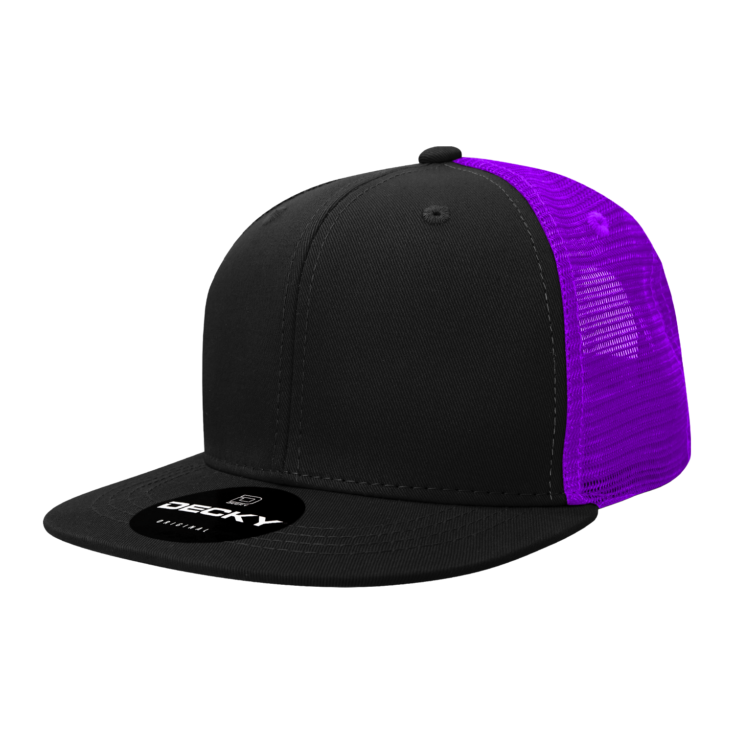 Decky 1052 black and purple 6-panel flat bill trucker hat displayed.