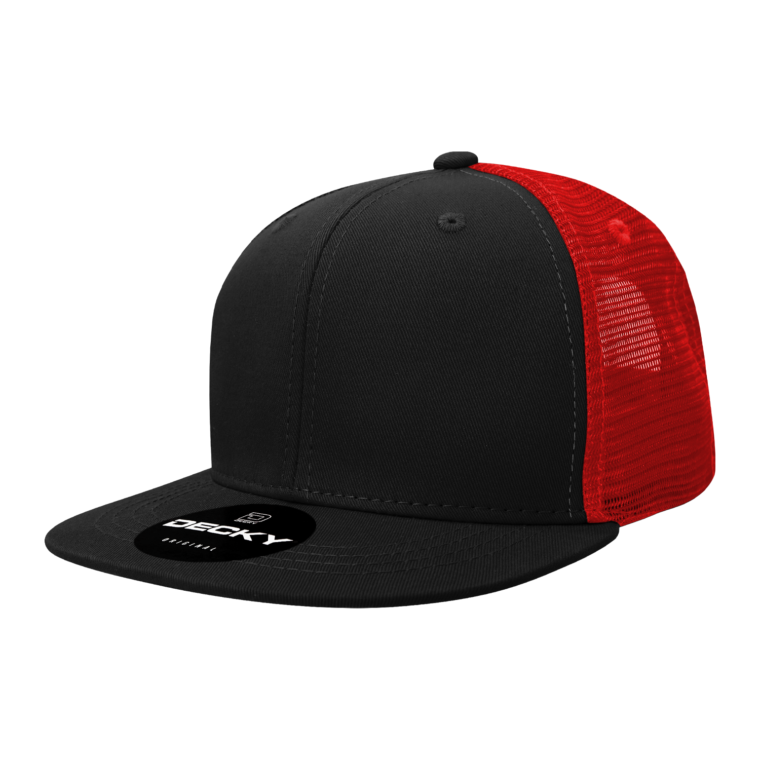 Decky 1052 - 6-Panel Flat Bill Trucker Hat in black and red mesh design.