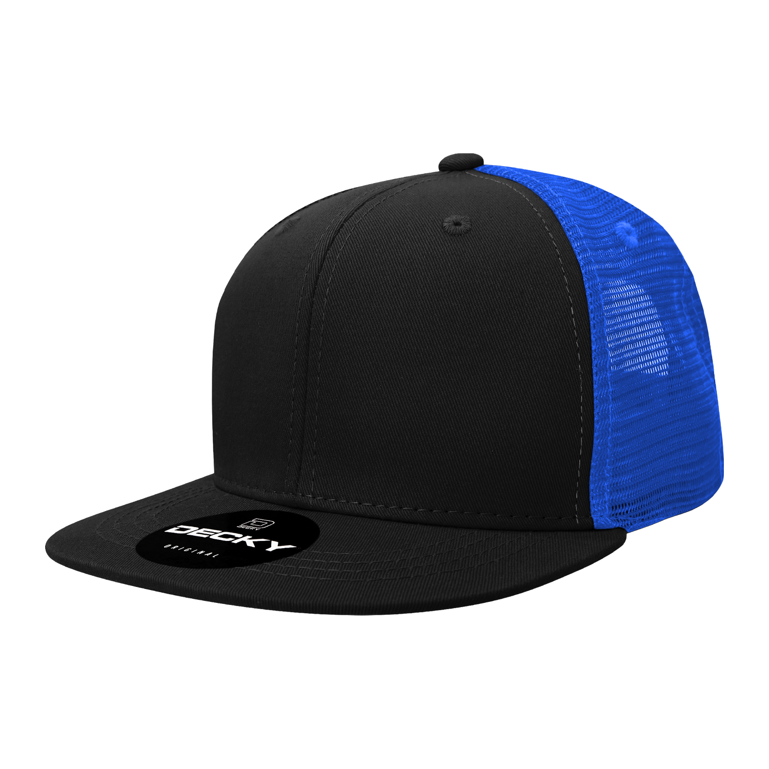 Decky 1052 - 6-Panel Flat Bill Trucker Hat in black with mesh back panels.