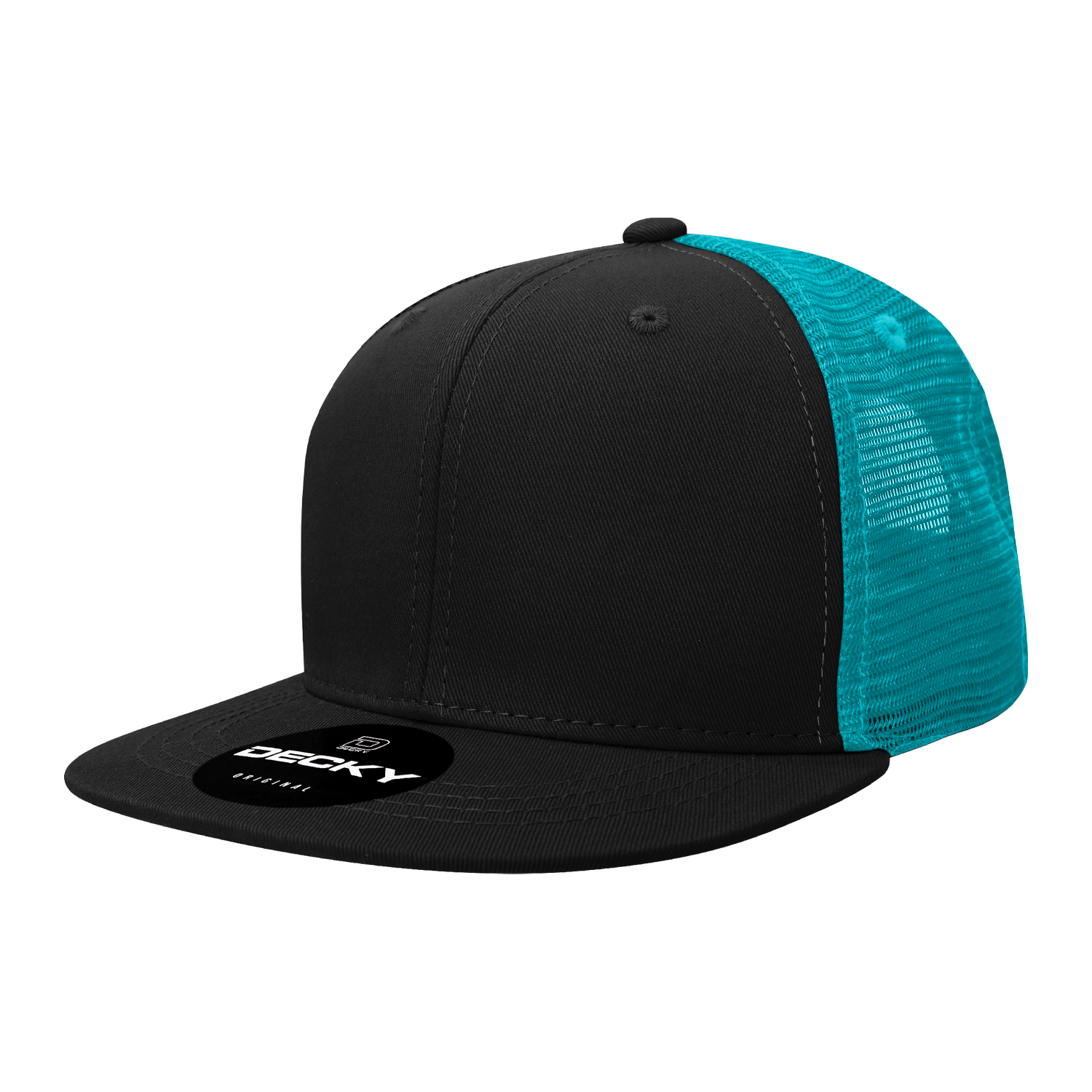 Decky 1052 Flat Bill Trucker Hat, black front, teal mesh back, 6-panel design.