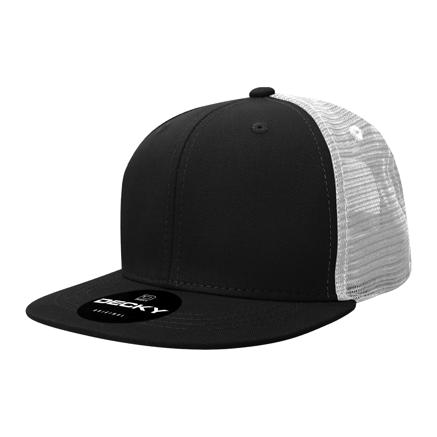 Decky 1052 - 6-Panel Flat Bill Trucker Hat in black and white.
