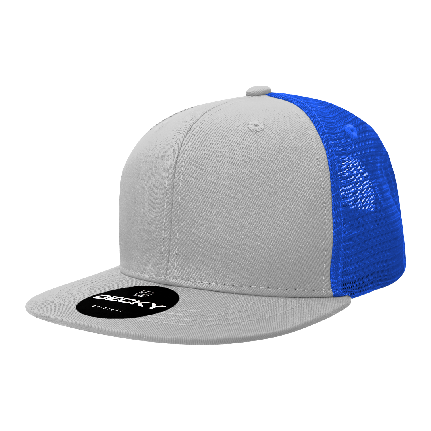 Decky 1052 6-Panel Flat Bill Trucker Hat in gray with royal blue mesh back.