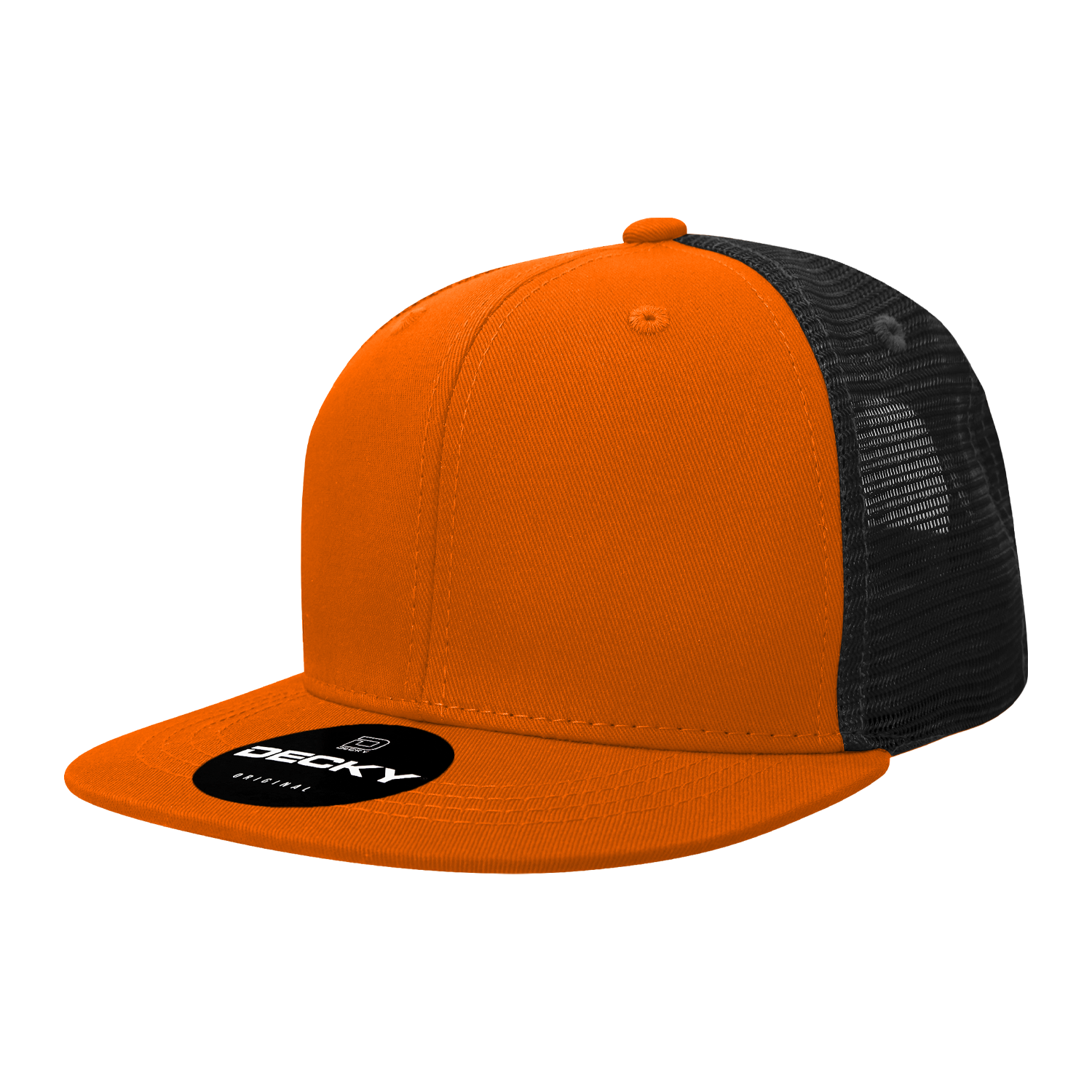 Orange and black Decky 1052 - 6-Panel Flat Bill Trucker Hat on white background.