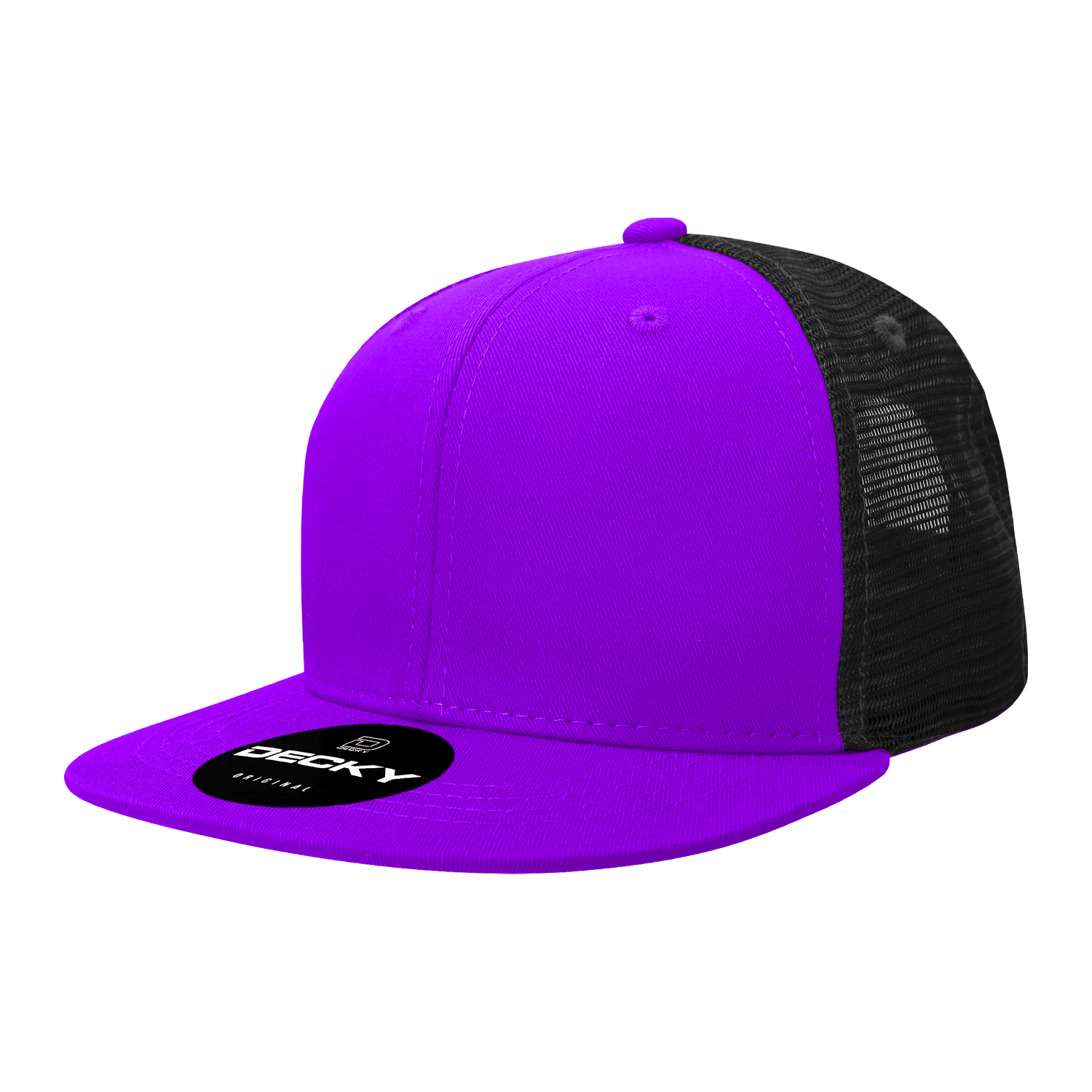 Decky 1052 6-Panel Flat Bill Trucker Hat in purple and black mesh design.