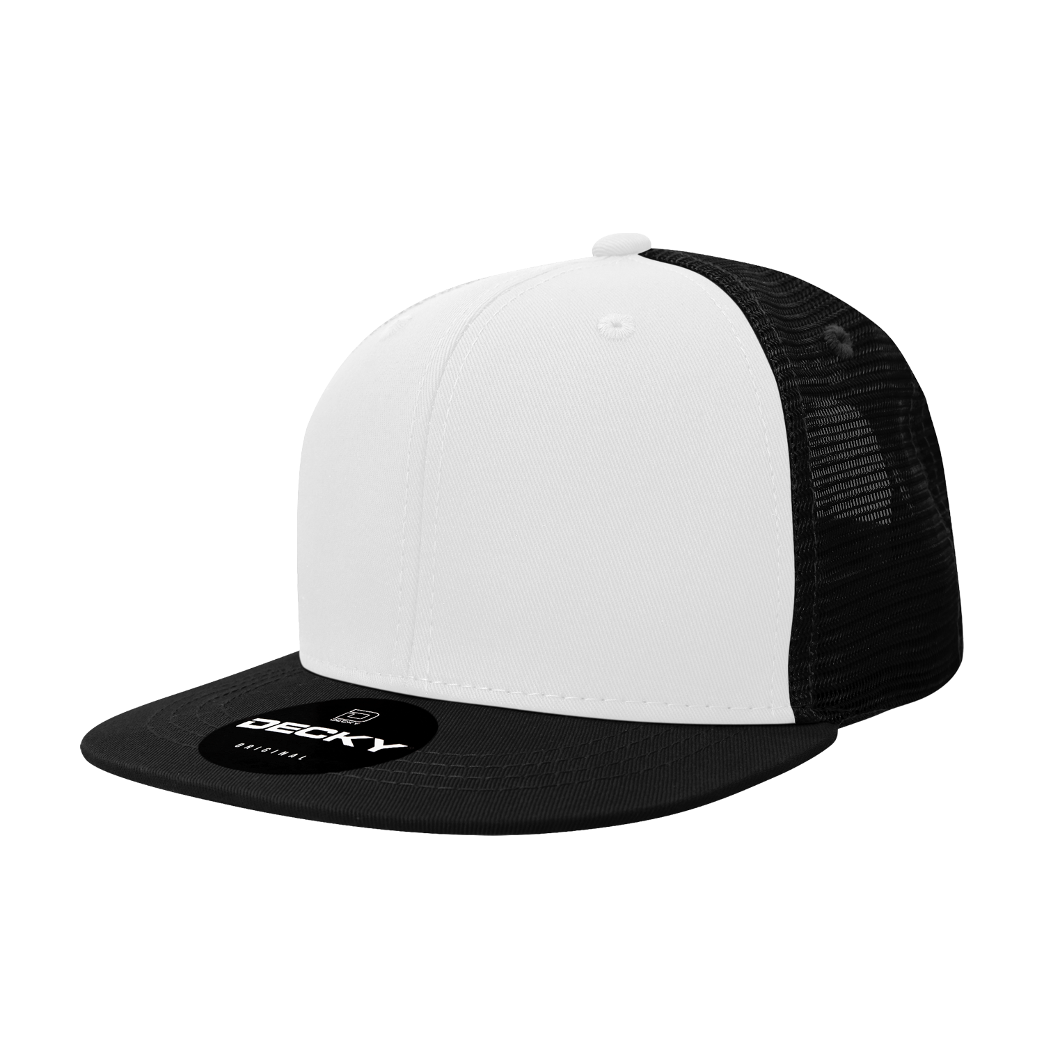 Decky 1052 - 6-Panel Flat Bill Trucker Hat in black with white mesh back.
