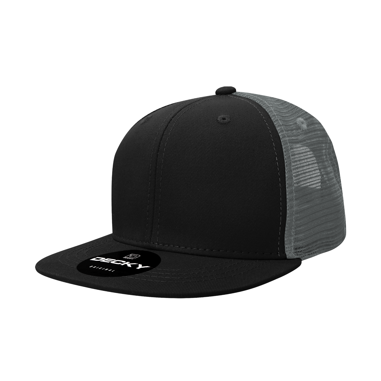 Decky 1052 Trucker Hat, 6-panel, flat bill, mesh back, black front panel.