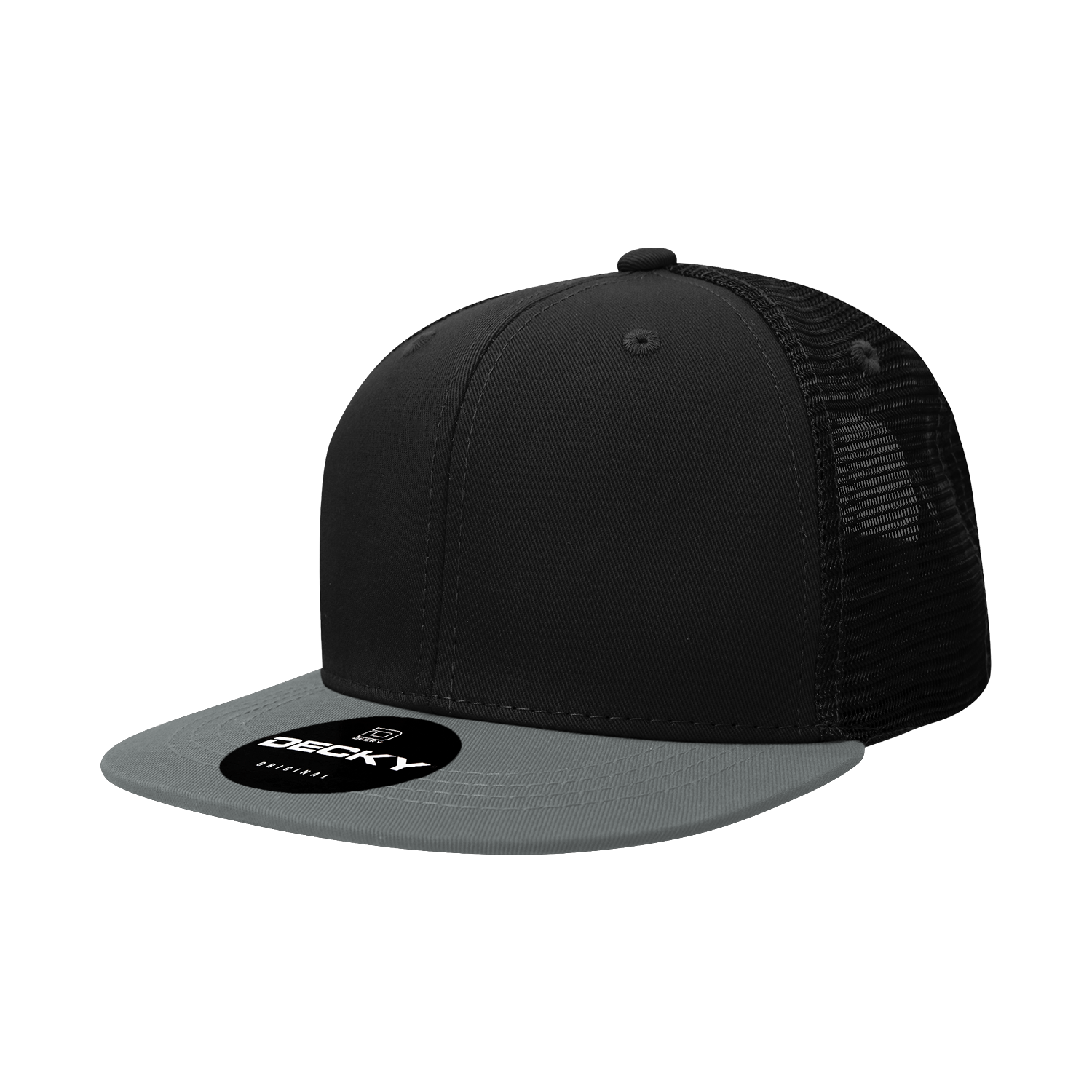 Decky 1052 - 6-Panel Flat Bill Trucker Hat in black and dark gray.