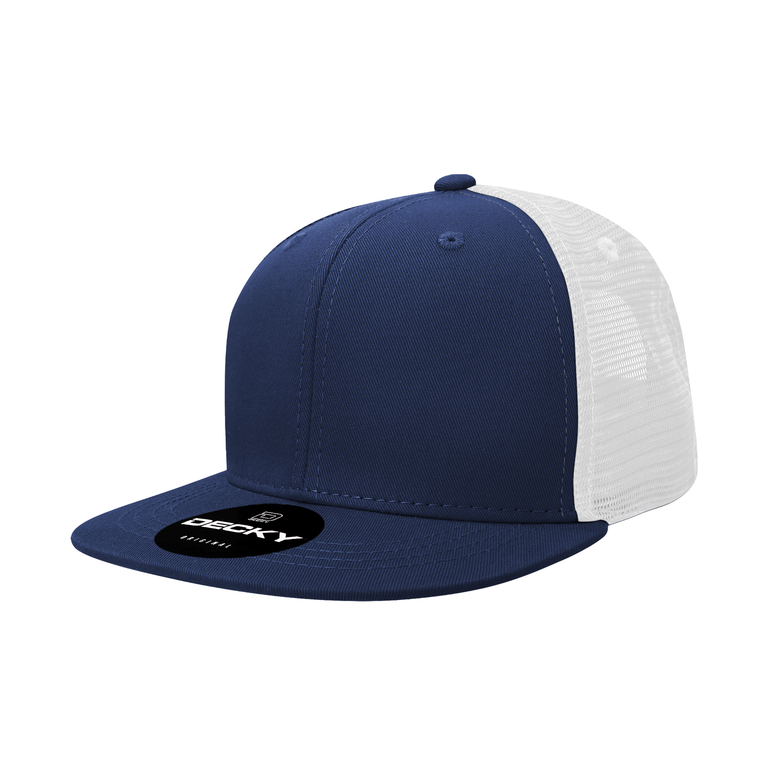 Navy and white Decky 1052 - 6-Panel Flat Bill Trucker Hat with mesh back.
