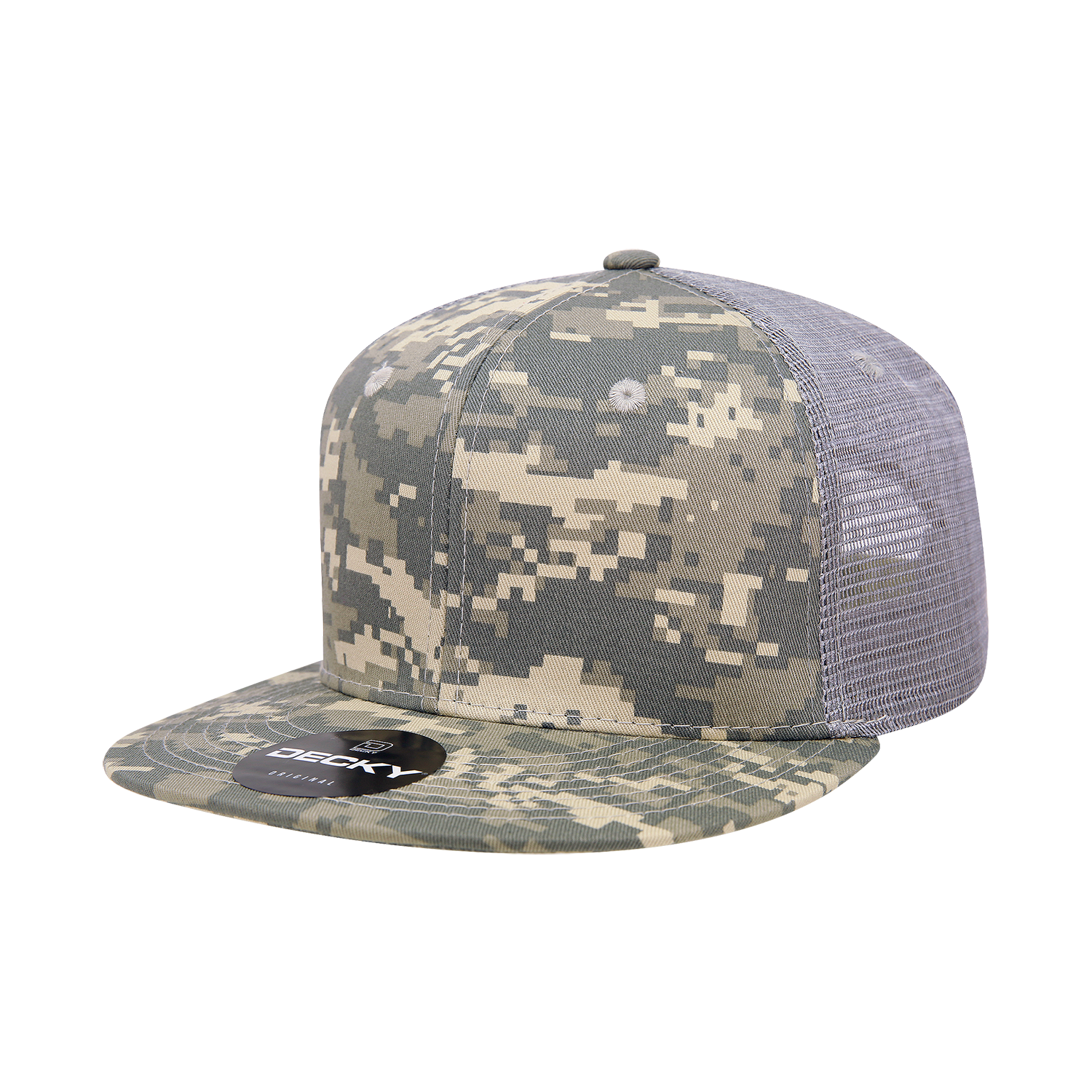 Decky 1055 Camo Flat Bill Trucker Hat with mesh back and adjustable snap closure.