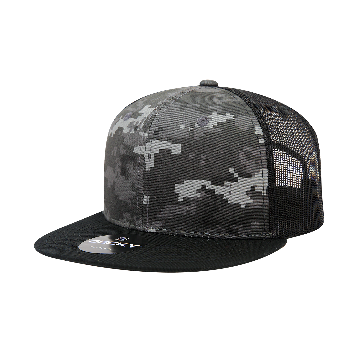 Camo Flat Bill Trucker Hat by Decky, features green camo pattern with mesh back.