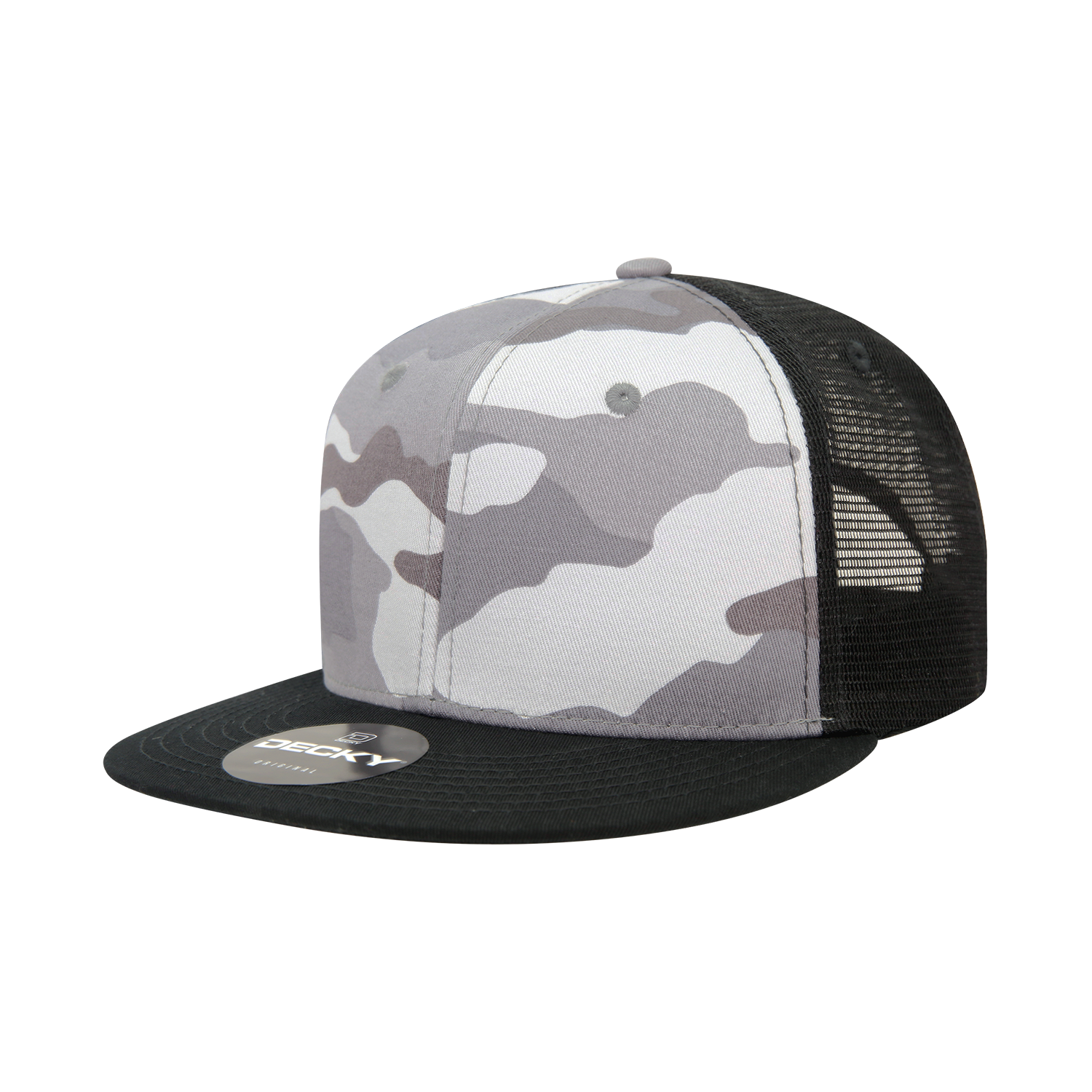 Decky 1055 Camo Flat Bill Trucker Hat with mesh back and camouflage pattern.