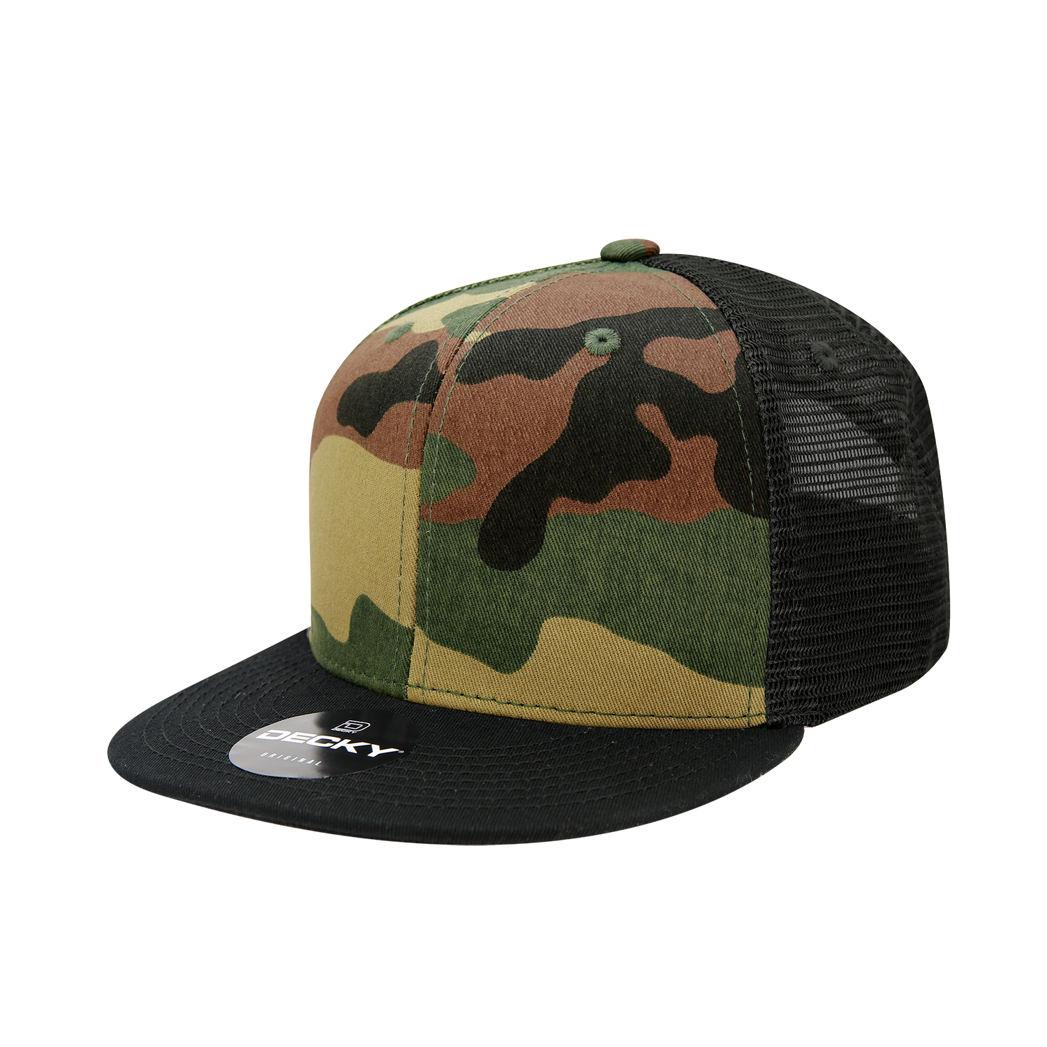 Decky 1055 Camo Flat Bill Trucker Hat with black mesh and camo-patterned front.