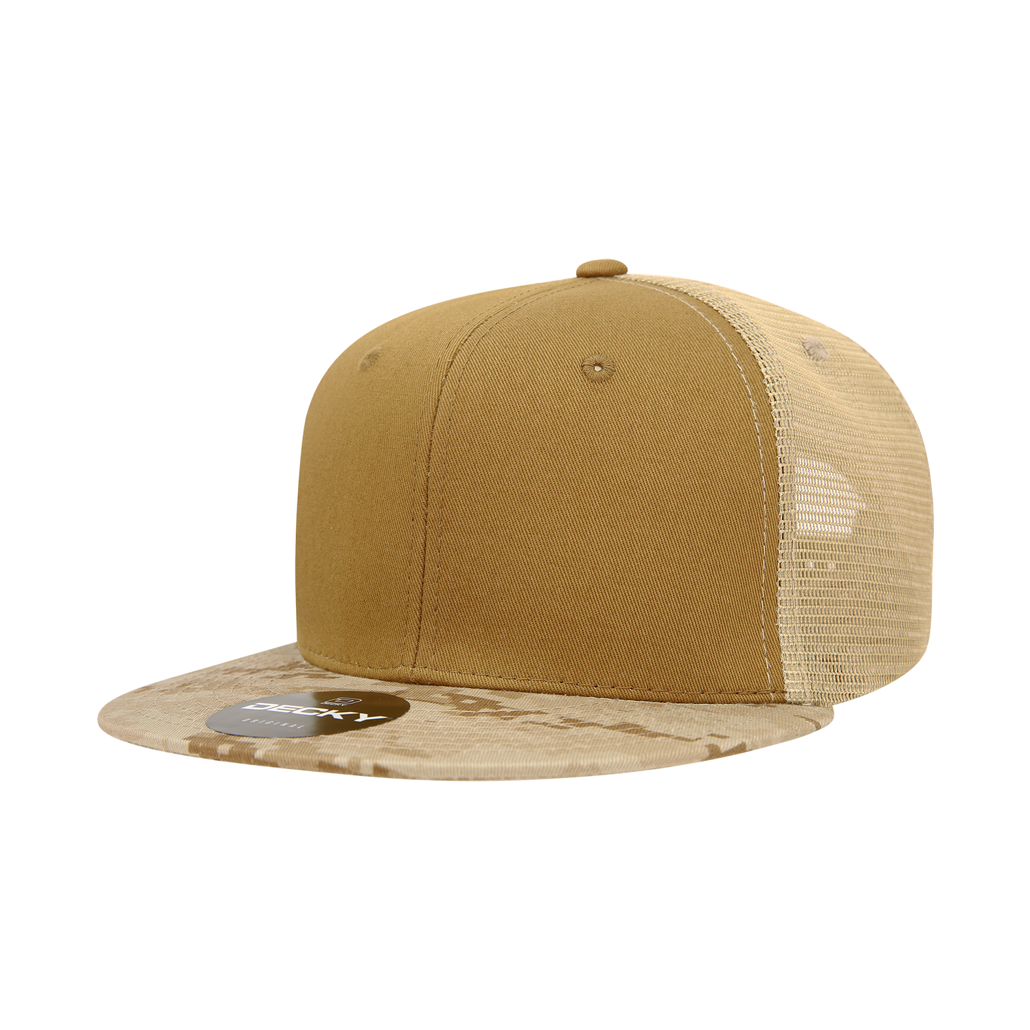 Decky 1055 Camo Flat Bill Trucker Hat with mesh back and camouflage pattern.