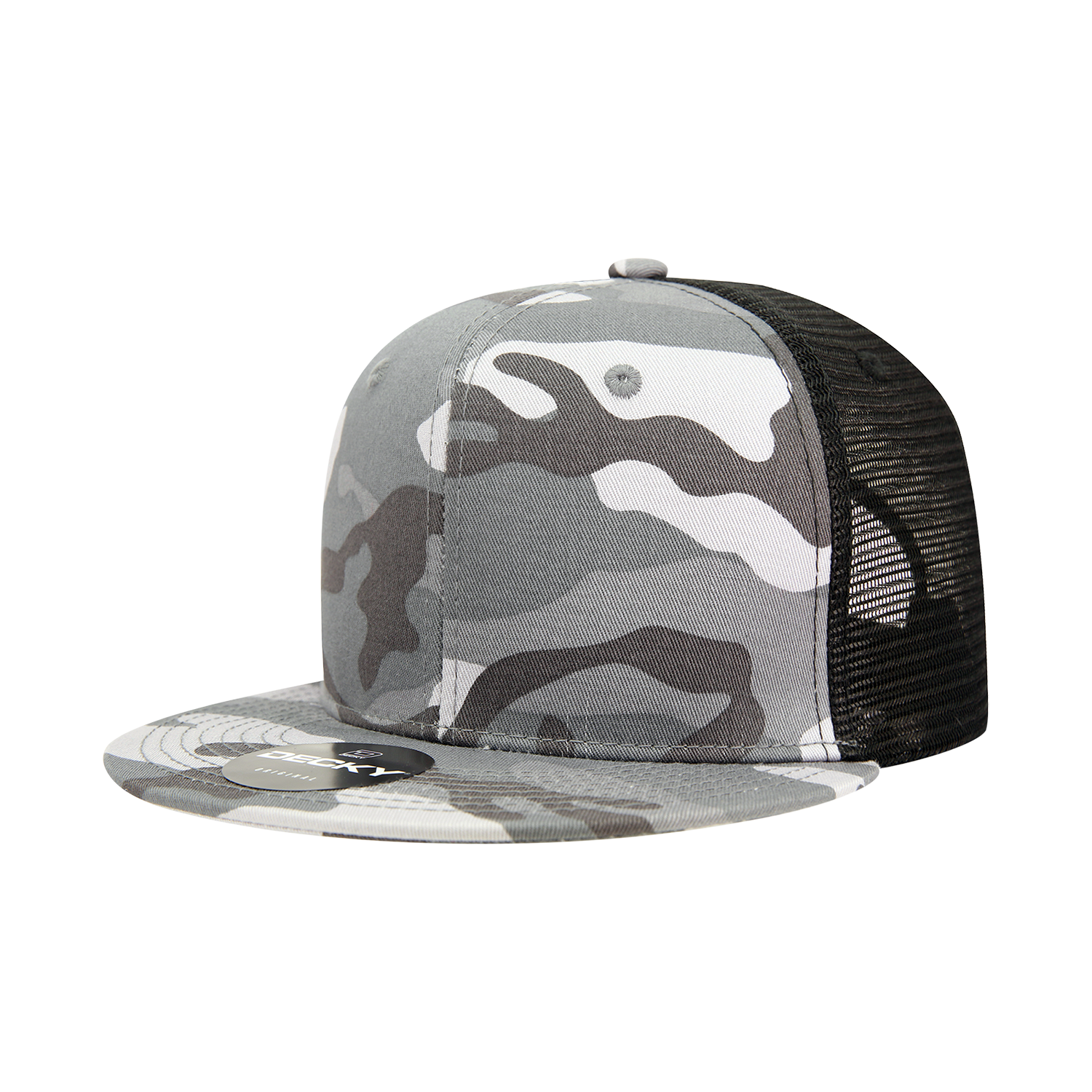 Decky 1055 Camo Flat Bill Trucker Hat with mesh back and camouflage pattern.