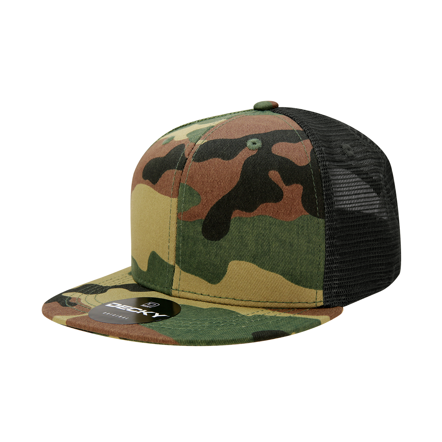 Decky 1055 Camo Flat Bill Trucker Hat with mesh back and adjustable snap closure.