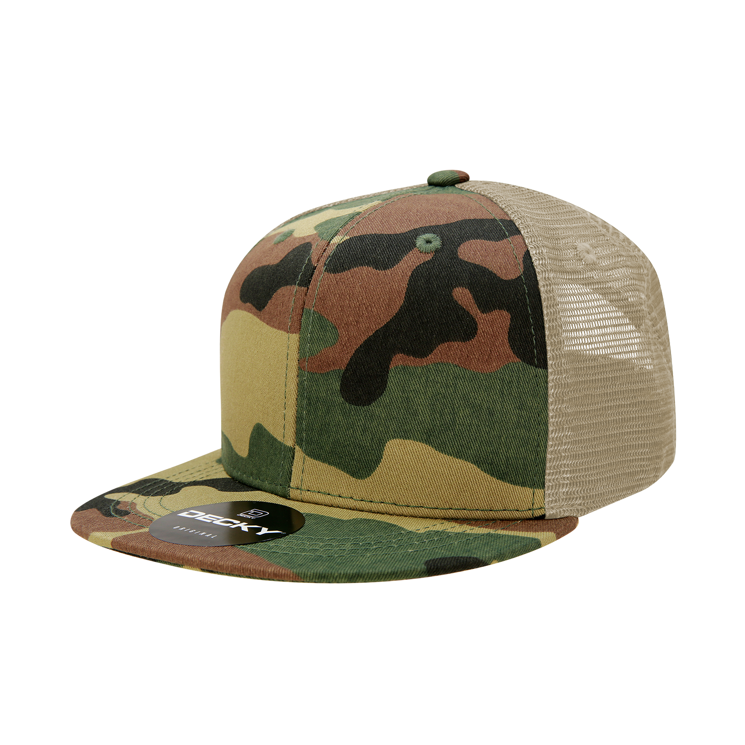 Decky 1055 Camo Flat Bill Trucker Hat with mesh back and adjustable snap closure.