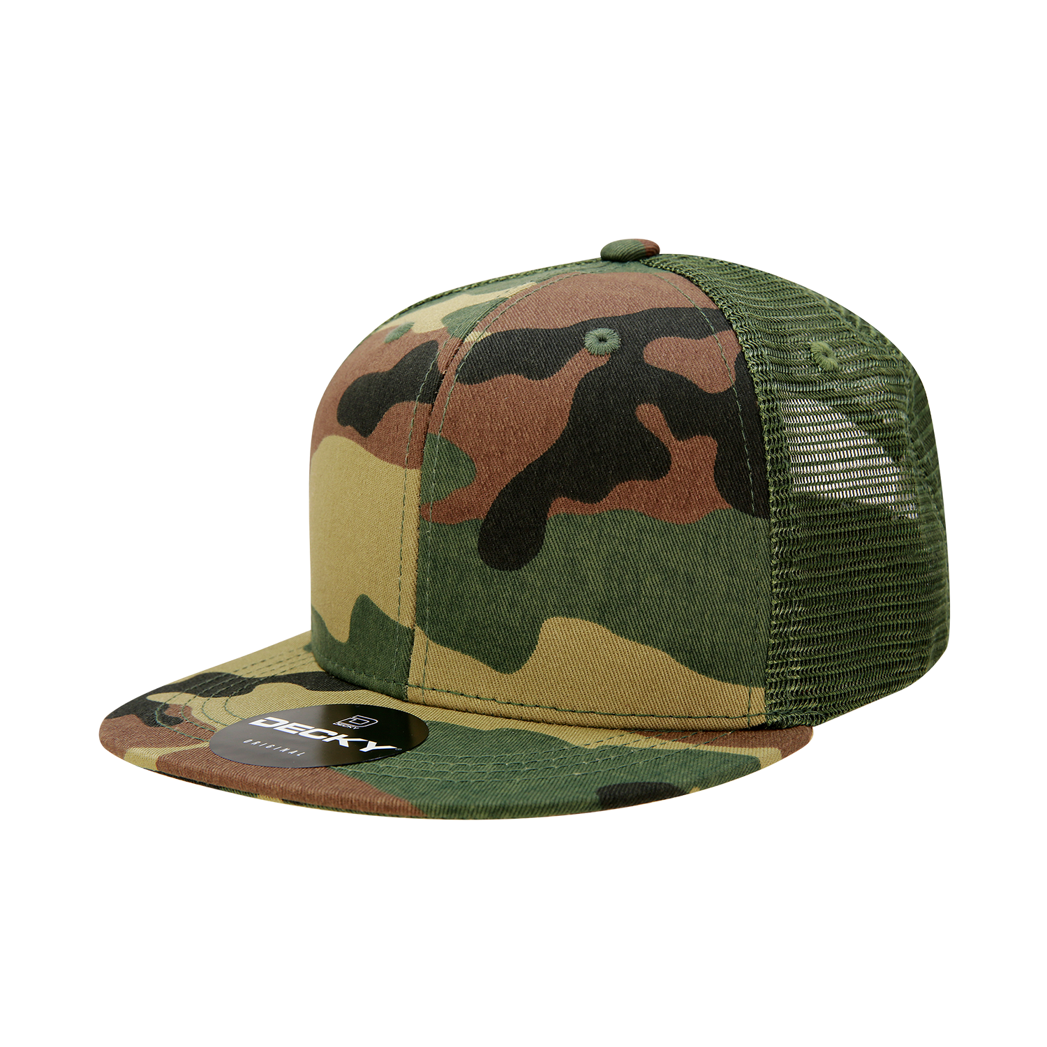 Camo Flat Bill Trucker Hat by Decky 1055 with white mesh and camouflage front.