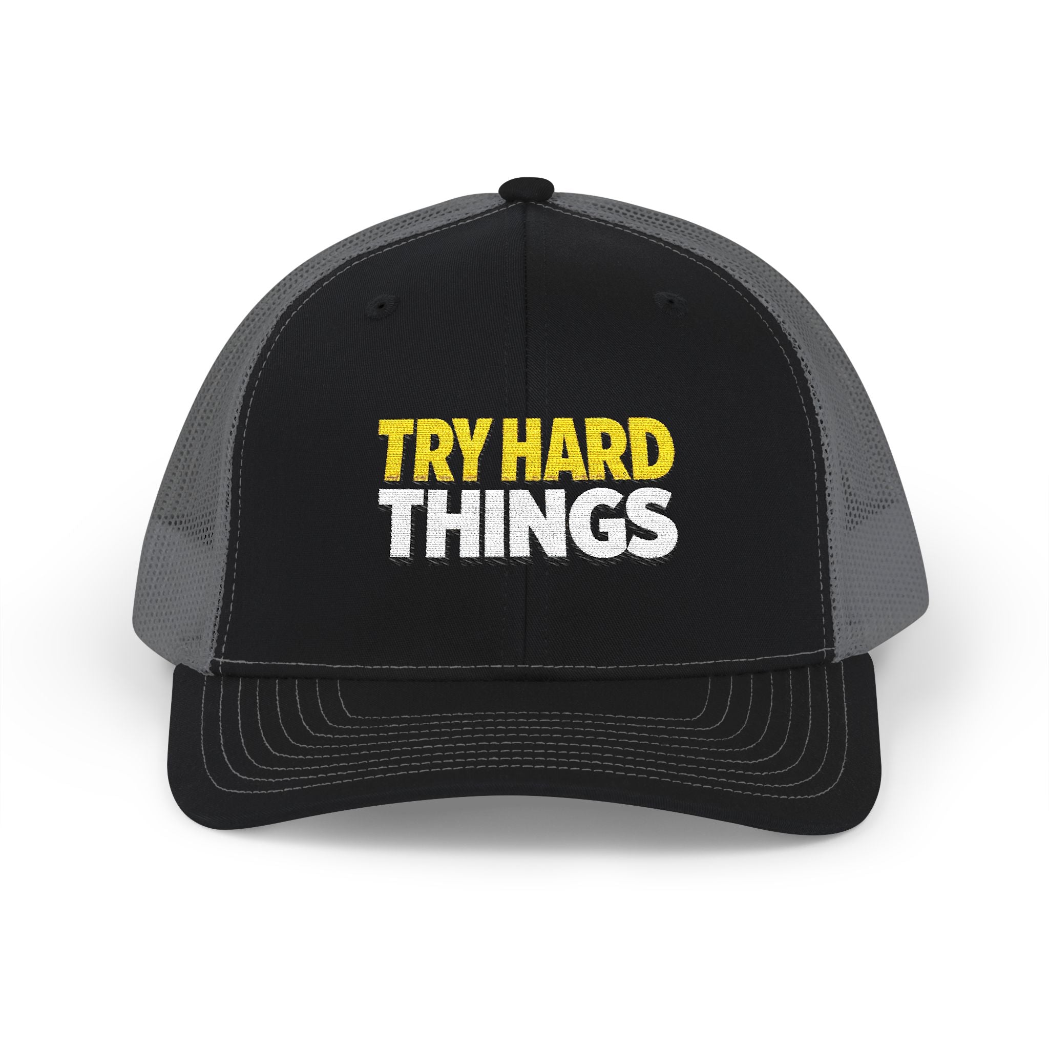 Try Hard Things Embroidered Trucker Hat — Motivational Snapback Cap