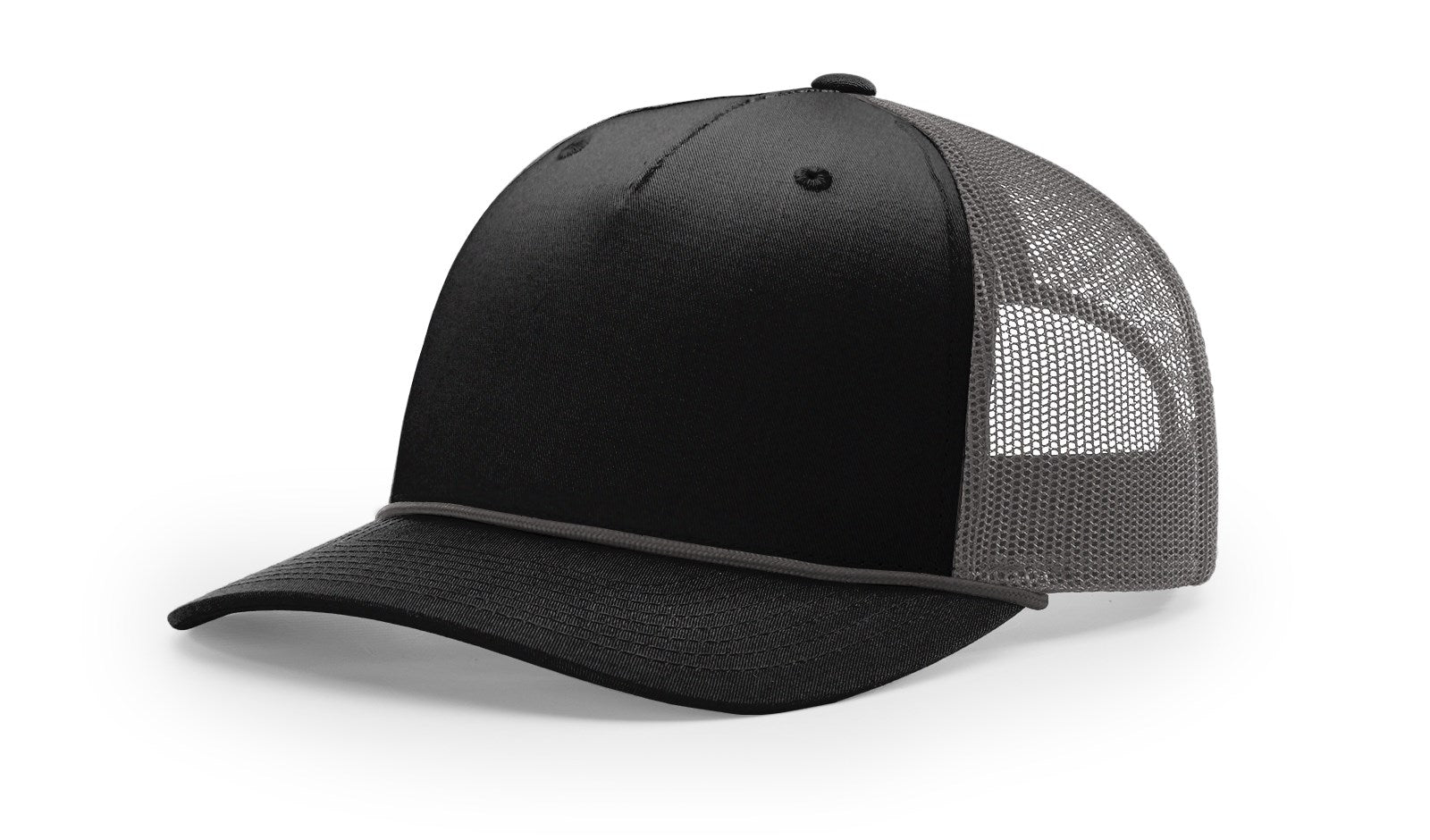 Richardson 112FPR Snapback Trucker Cap in black and charcoal, front view.
