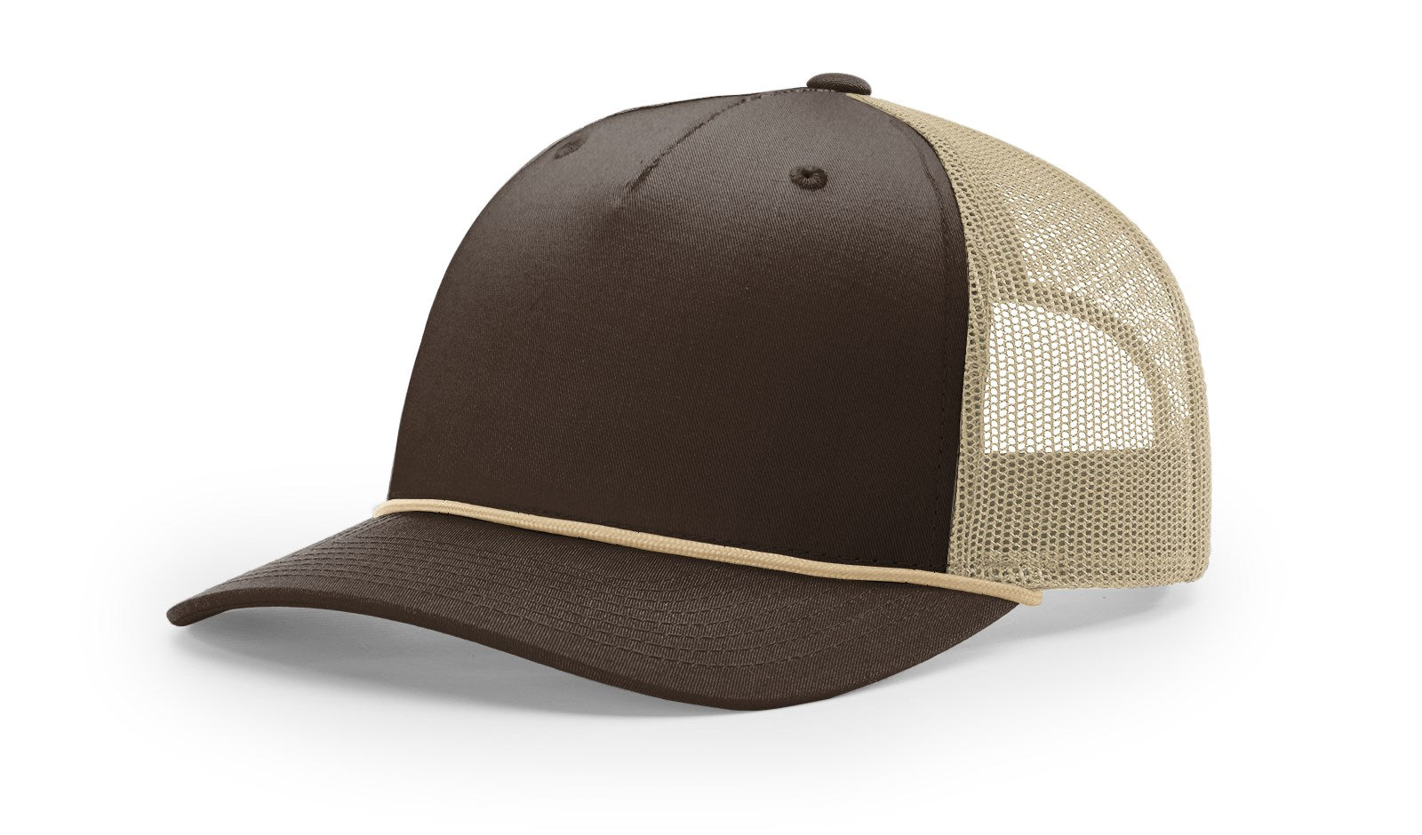 Richardson 112FPR Snapback Trucker Cap in brown and khaki with mesh back.