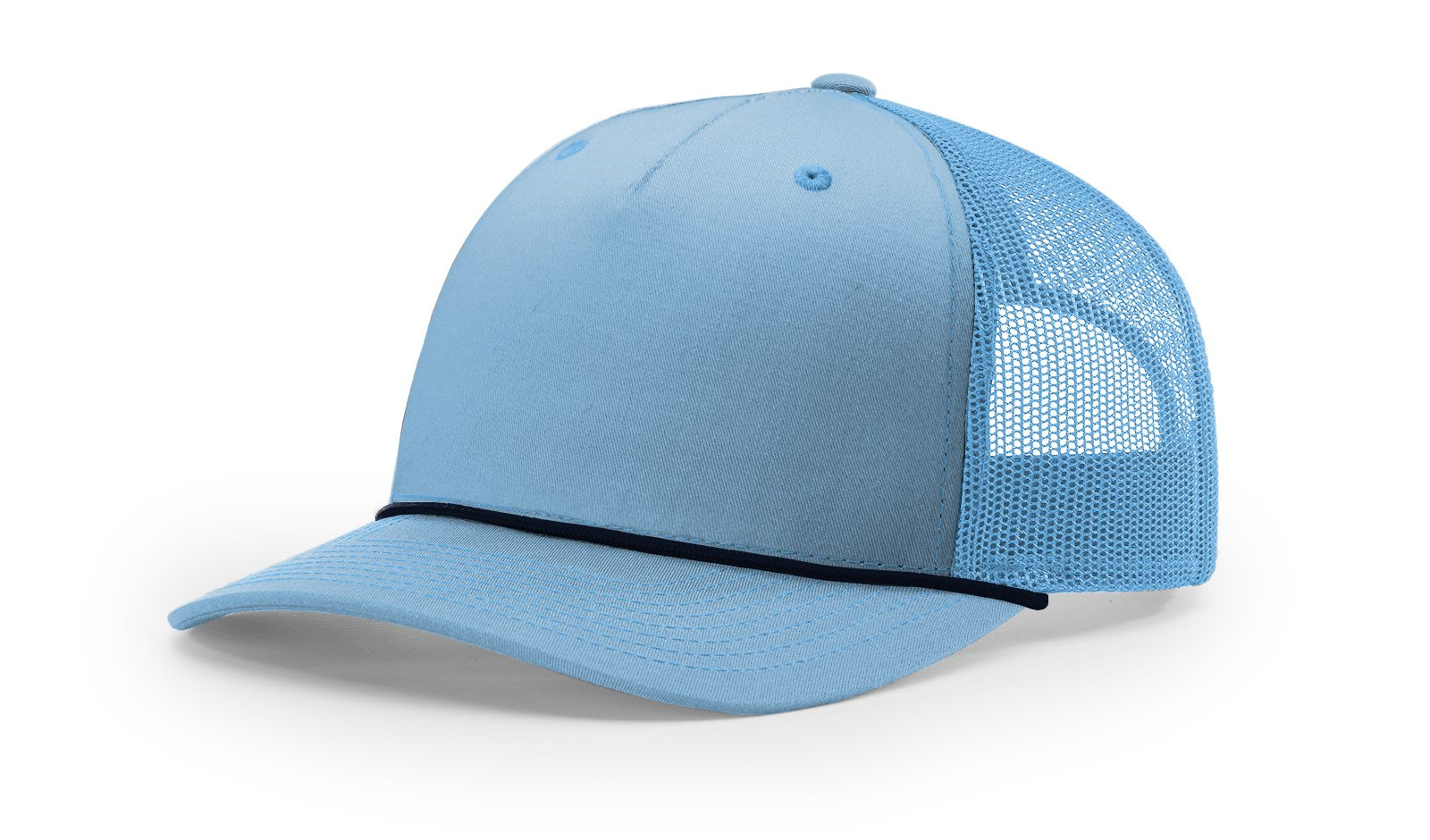 Richardson 112FPR Snapback Cap in Columbia Blue and Navy, side view.