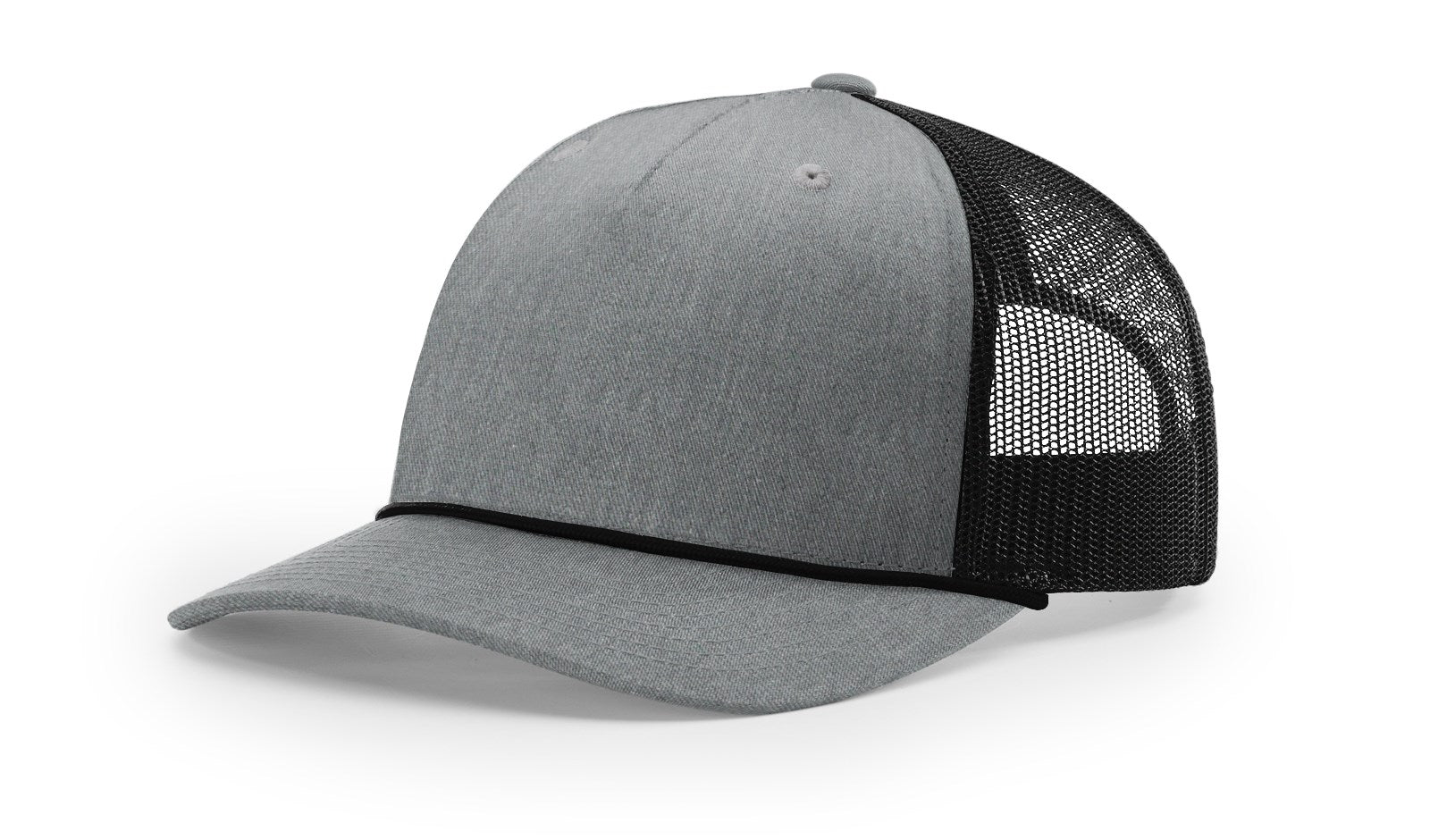 Heather grey and black Richardson 112FPR Snapback Trucker Cap, front view.