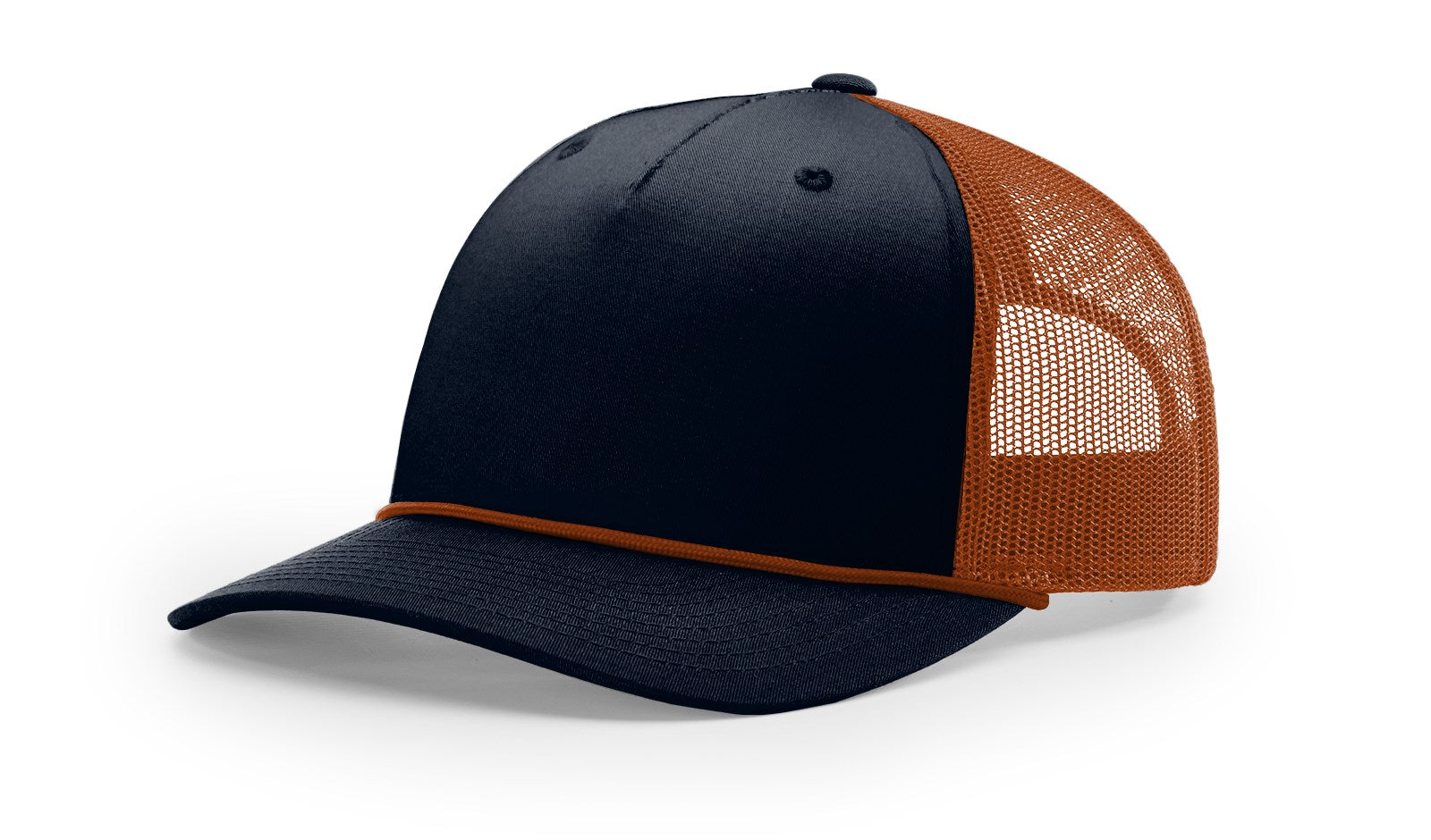 Richardson 112FPR Snapback Cap in navy and dark orange with mesh back.