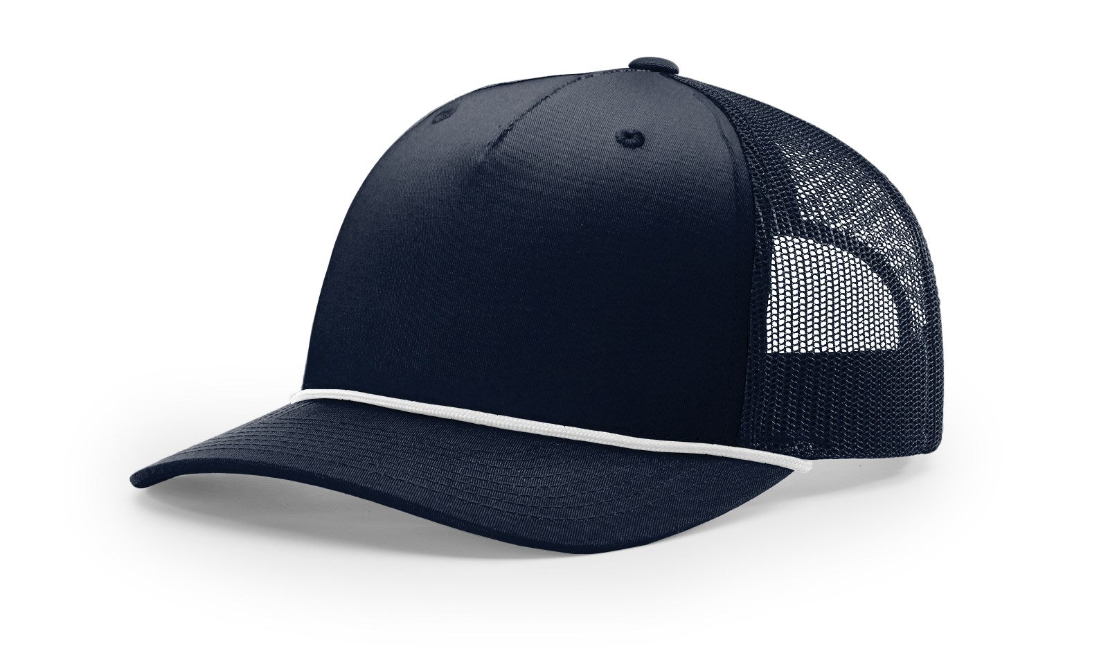 Richardson 112FPR Snapback Trucker Cap in navy and white with mesh back.