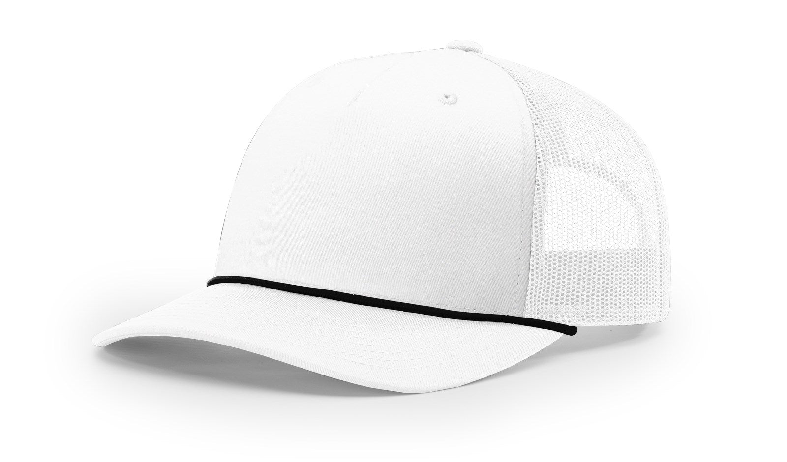 White-black Richardson 112FPR Snapback Trucker Cap with breathable mesh back.