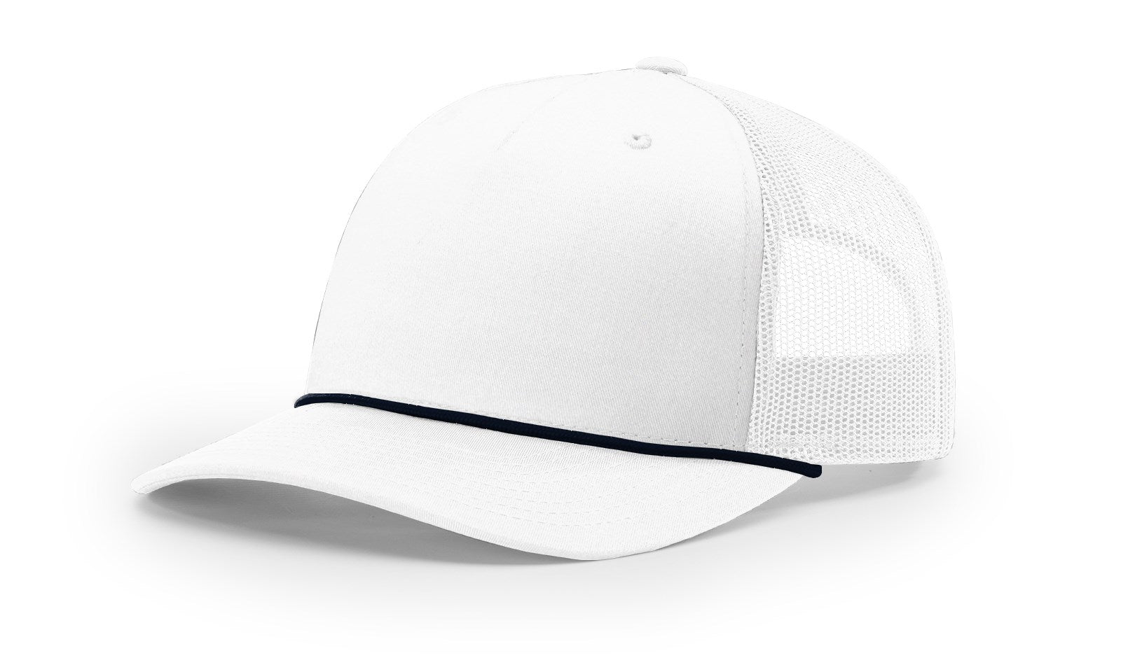 Richardson 112FPR Snapback Trucker Cap, white front, navy mesh back.